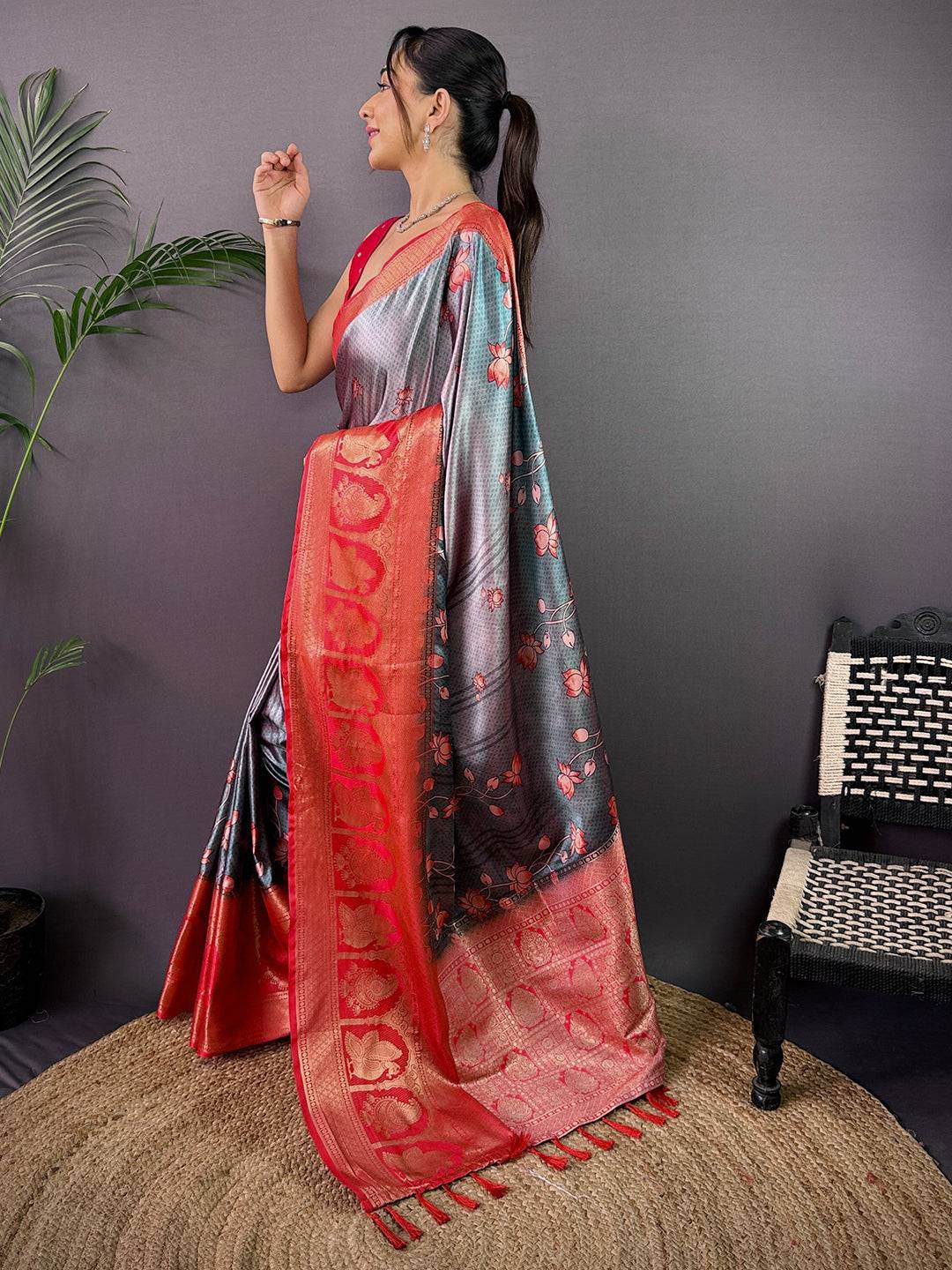 Artisan Soft Cherry Satin Kalamkari Print Saree
