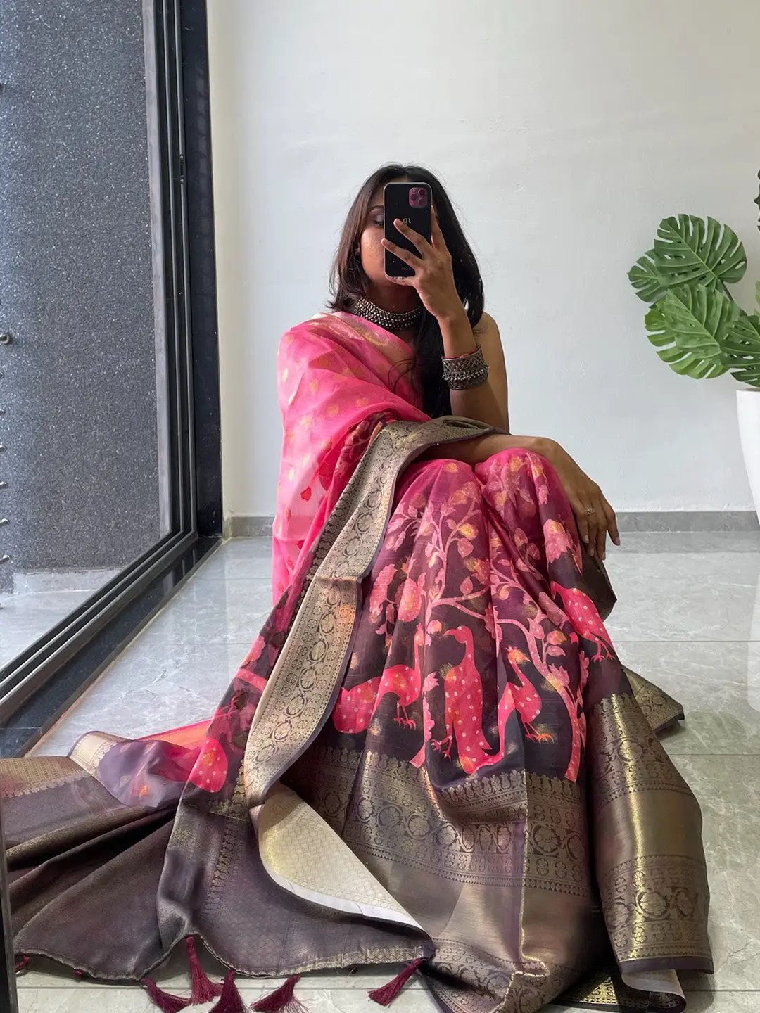 Moonga Silk Kalamkari Saree with intricate patterns