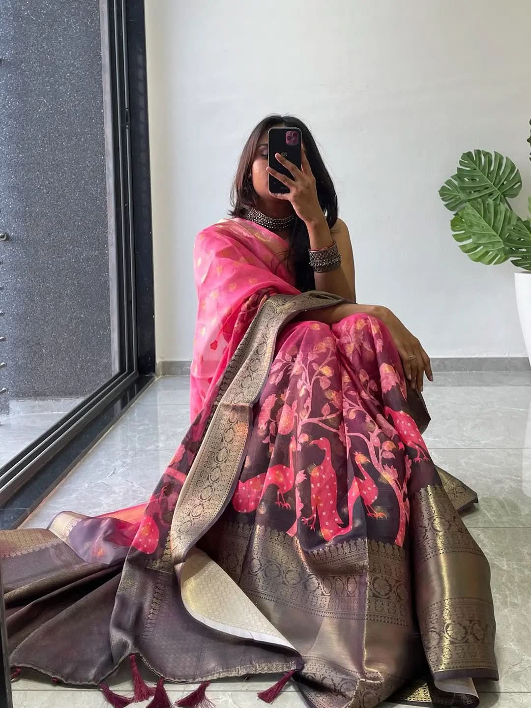 Moonga Silk Kalamkari Saree with intricate patterns