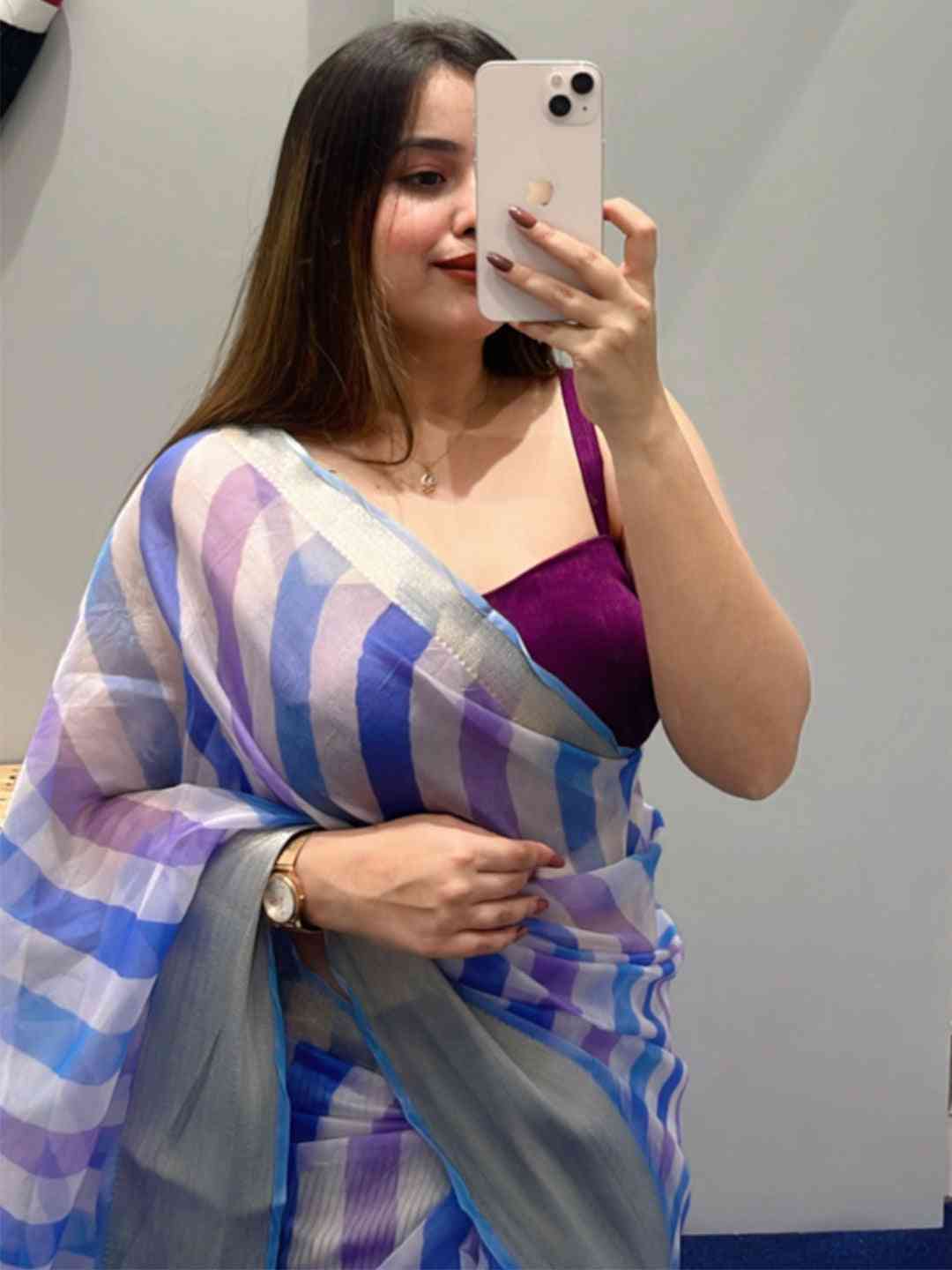 Soft Organza Leheriya Digital Print Saree in blue and purple