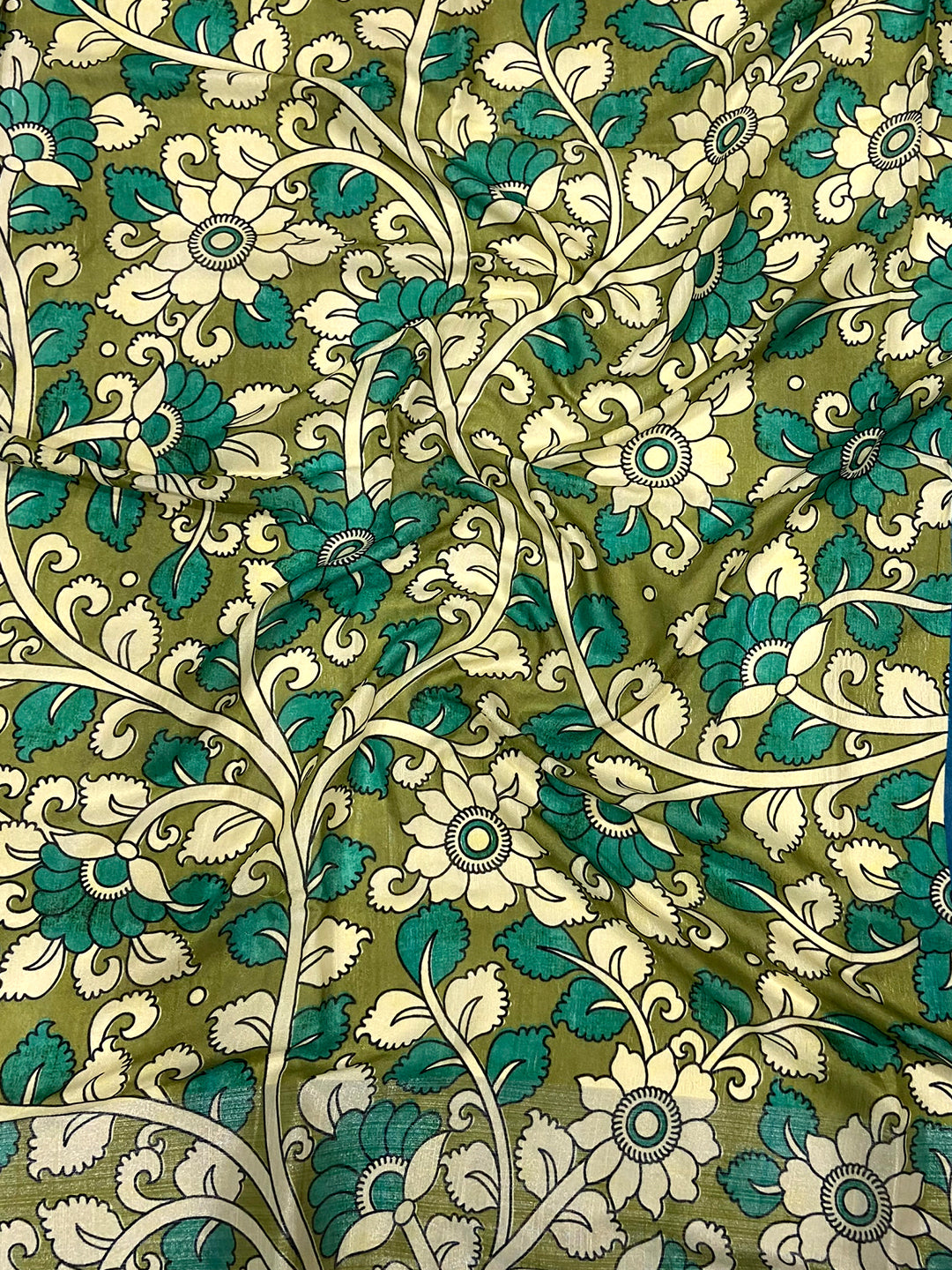 Teal Linen Kalamkari Print Saree
