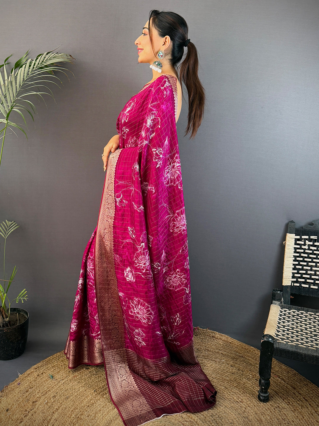 Magenta Floral Kalamkari Viscose Saree
