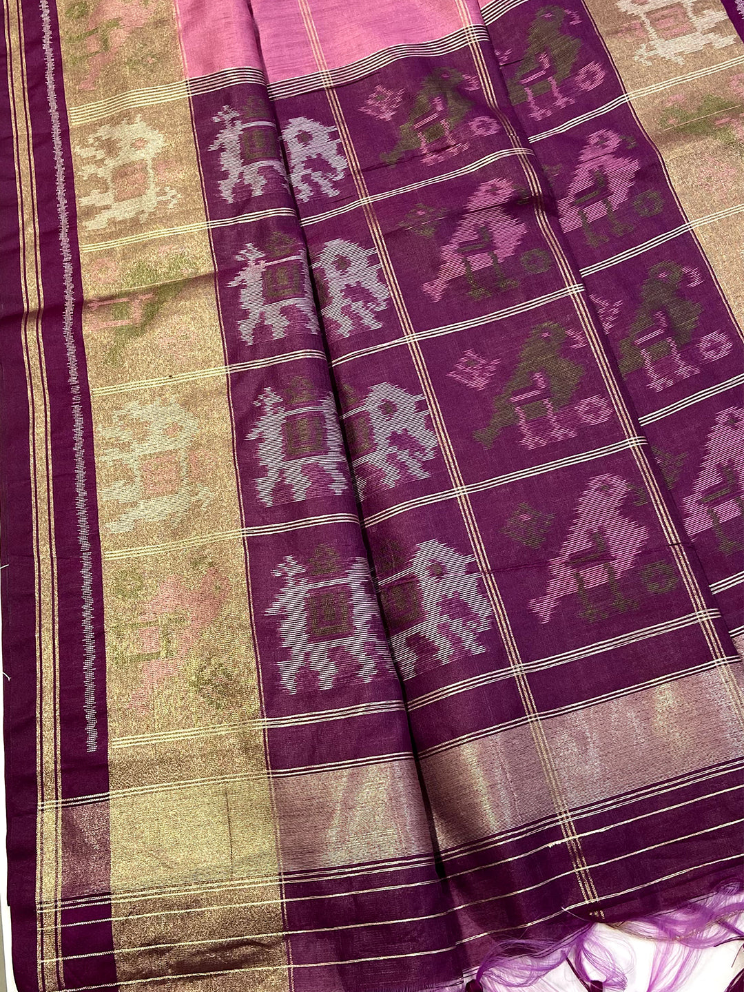 Pink Double Ikat Tussar Silk Saree