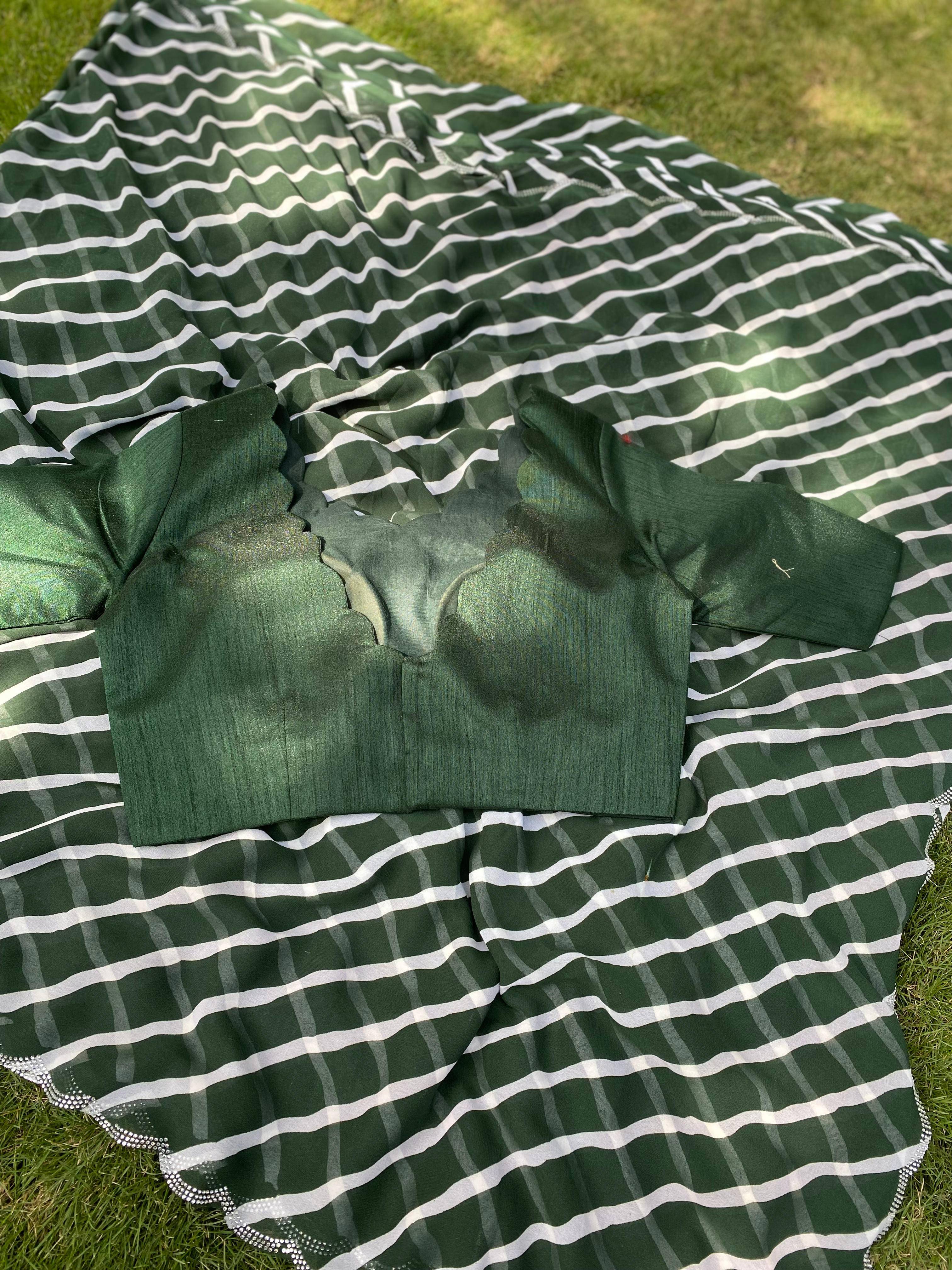 Pure Georgette Leheriya Print Swaroski Cut Work Border Saree