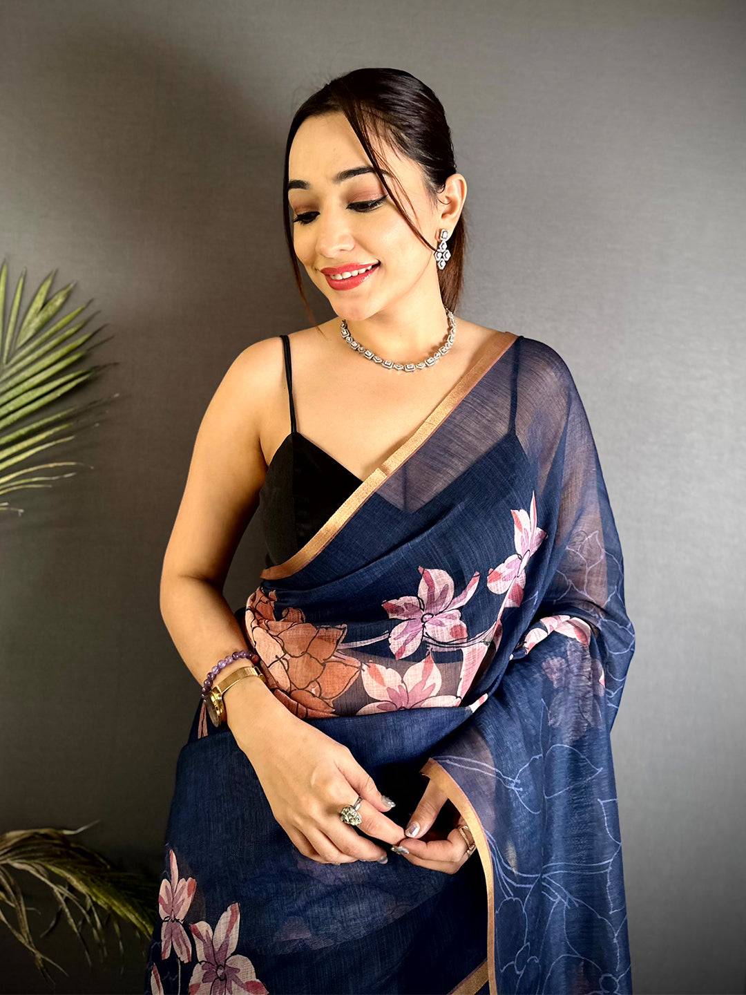 Classic Navy Floral Linen Saree