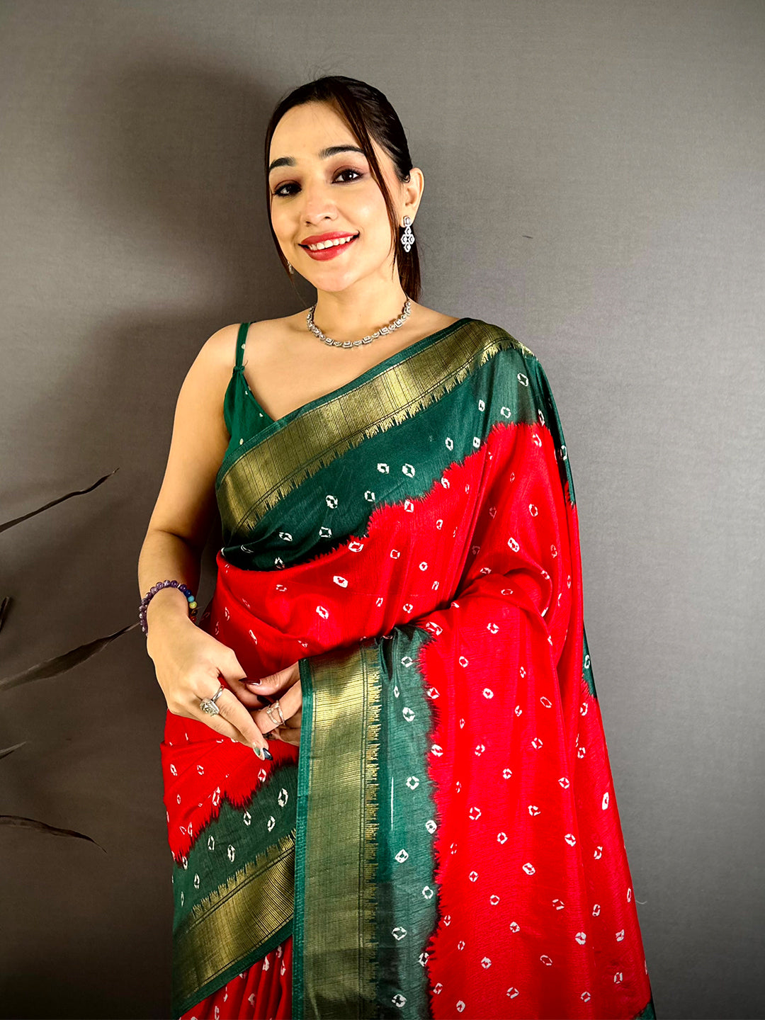 Red Bandhej Printed Dola Silk Saree