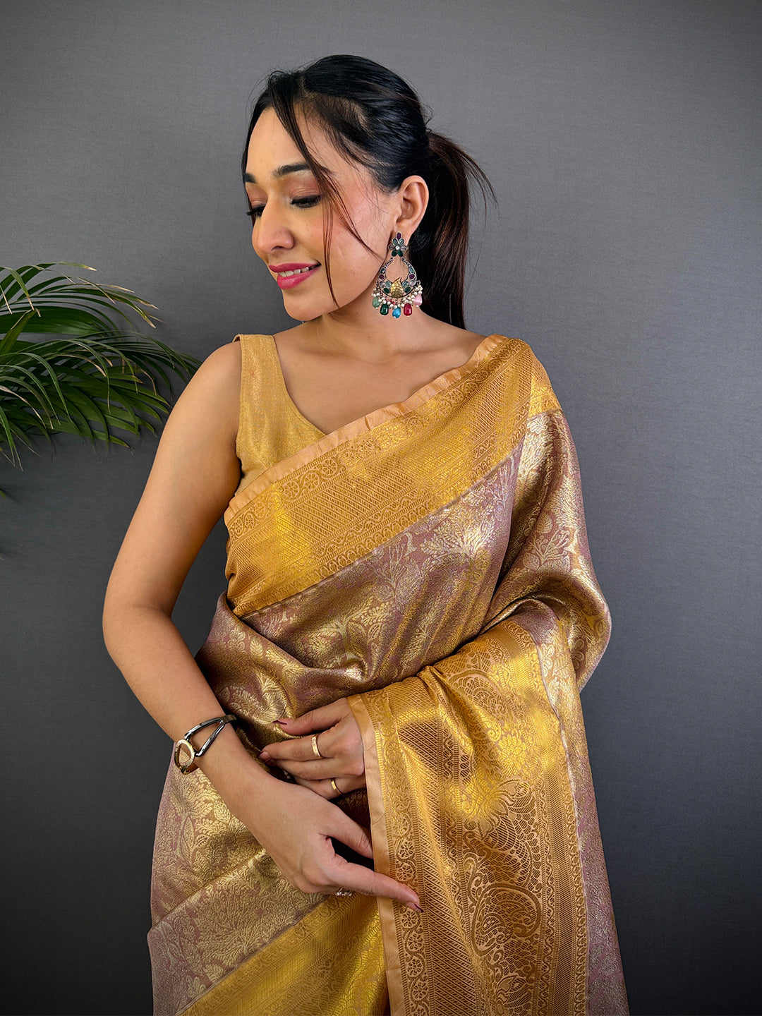 Blush Pink Golden Threadwork Dharmavaram Saree