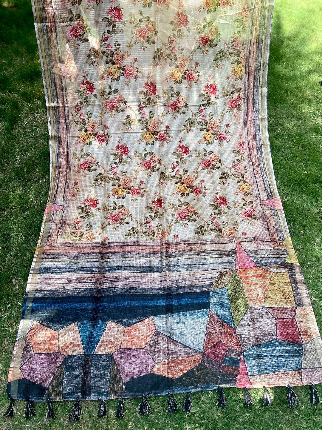 Soft Kota Doriya Silk Saree With Flower & abstect Prints