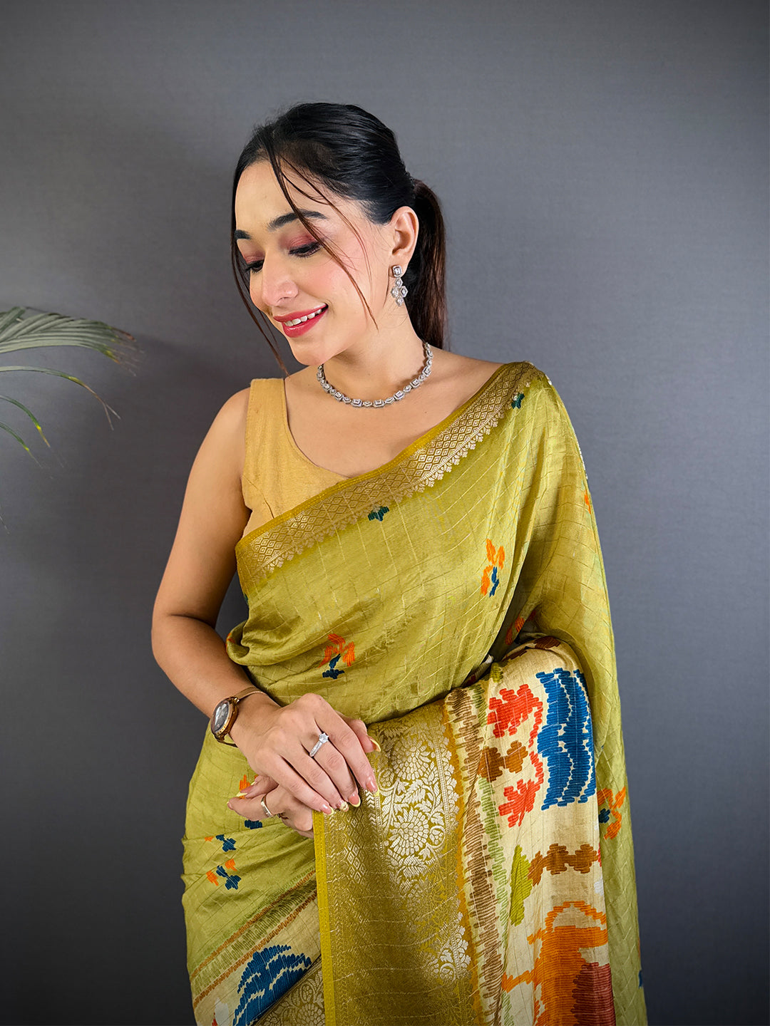 Pure Viscose Light Olive Ikkat Saree