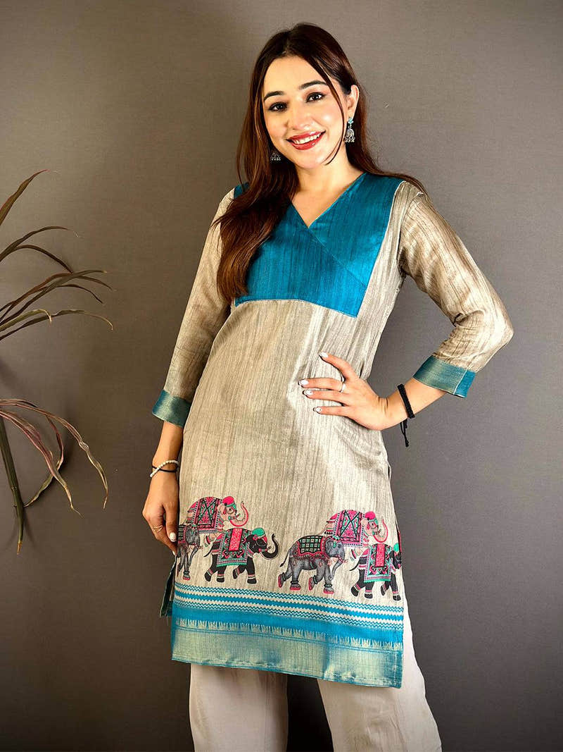 Grey Dola Silk Printed Dress with Elephant Border and Teal Yoke