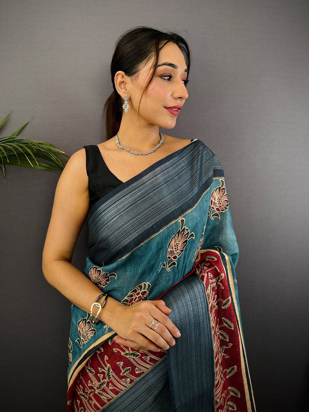 Teal Linen Block Kalamkari Print Saree