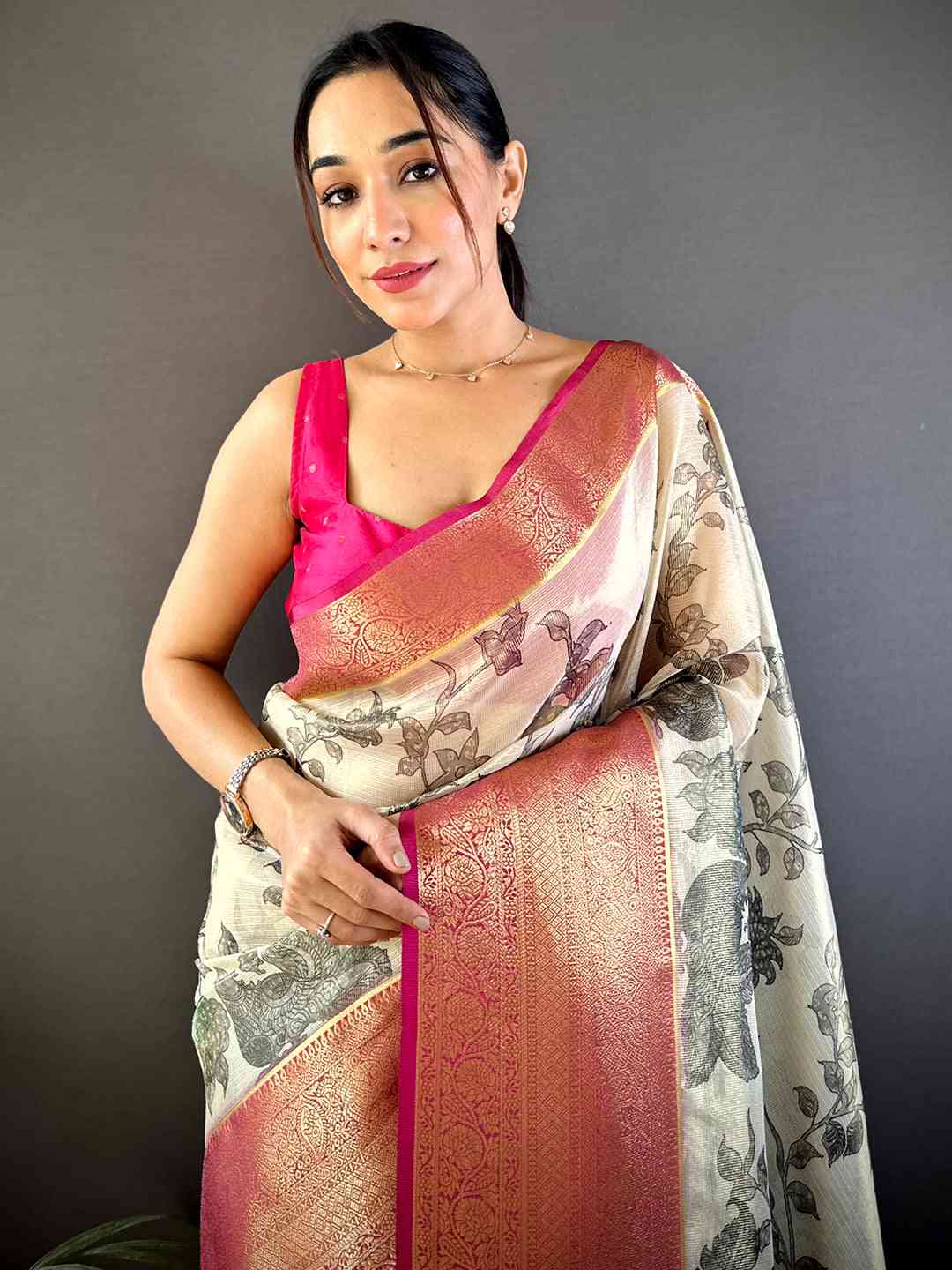 Black Kalamkari Gold Zari Tissue Saree