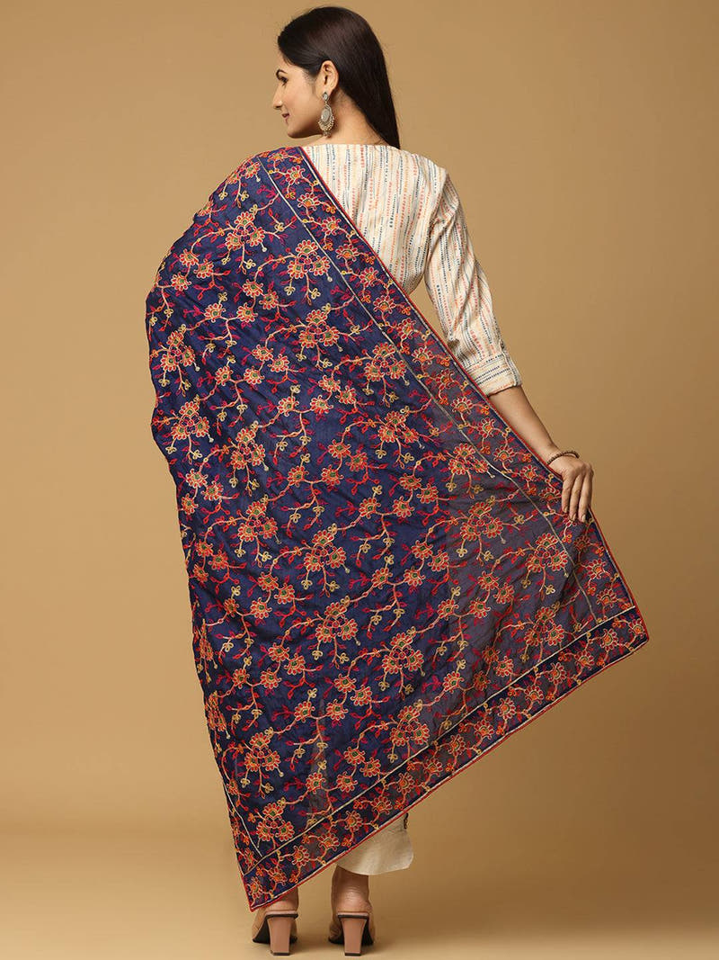 Back view of navy pashmina dupatta with ethnic motifs