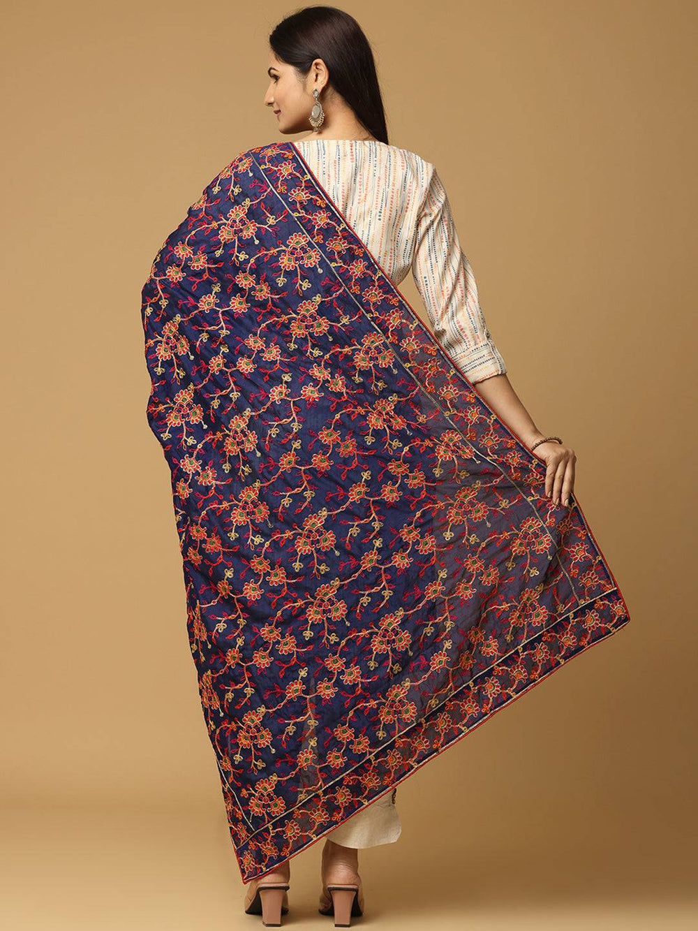 Back view of navy pashmina dupatta with ethnic motifs