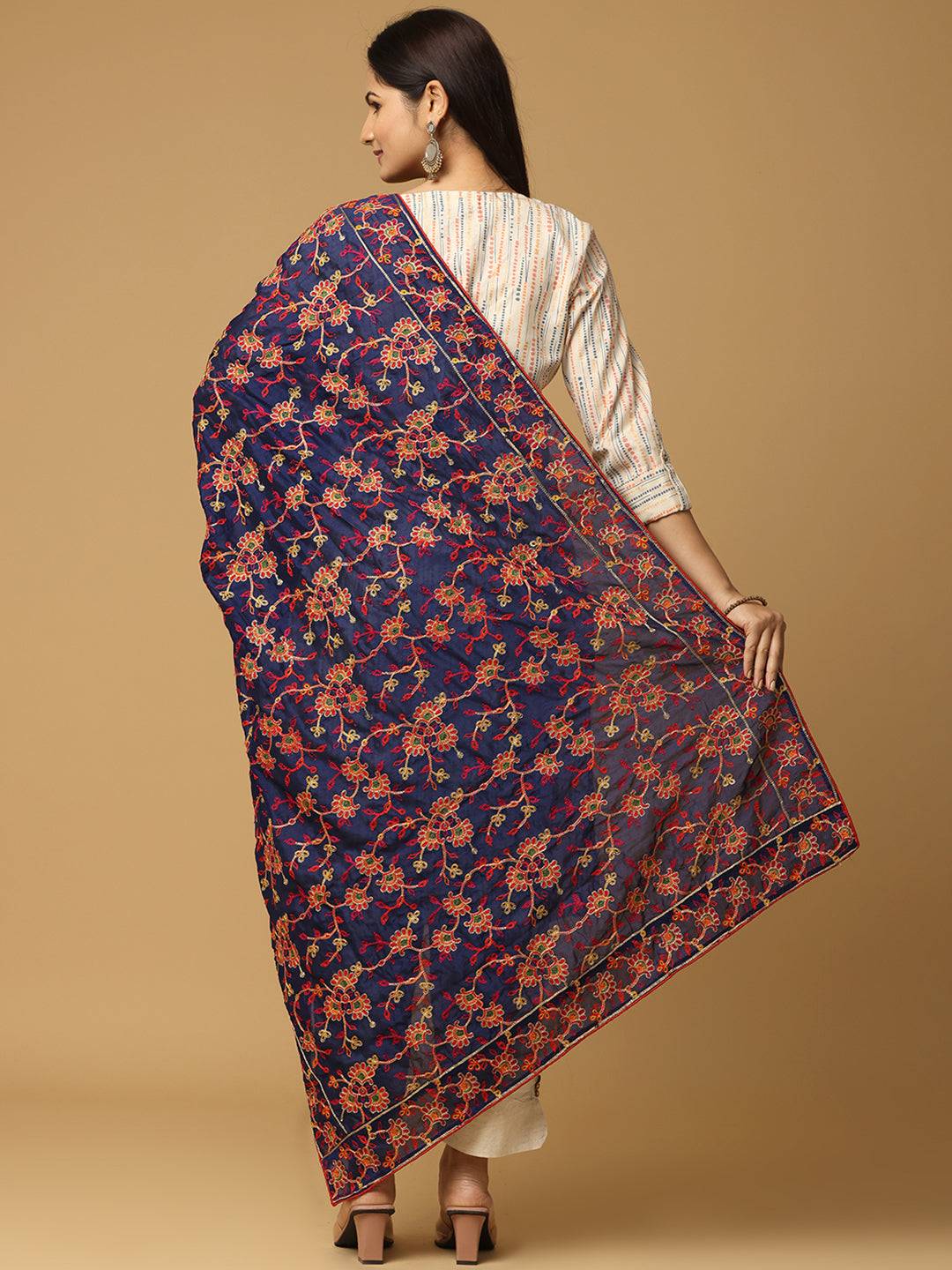 Back view of navy pashmina dupatta with ethnic motifs