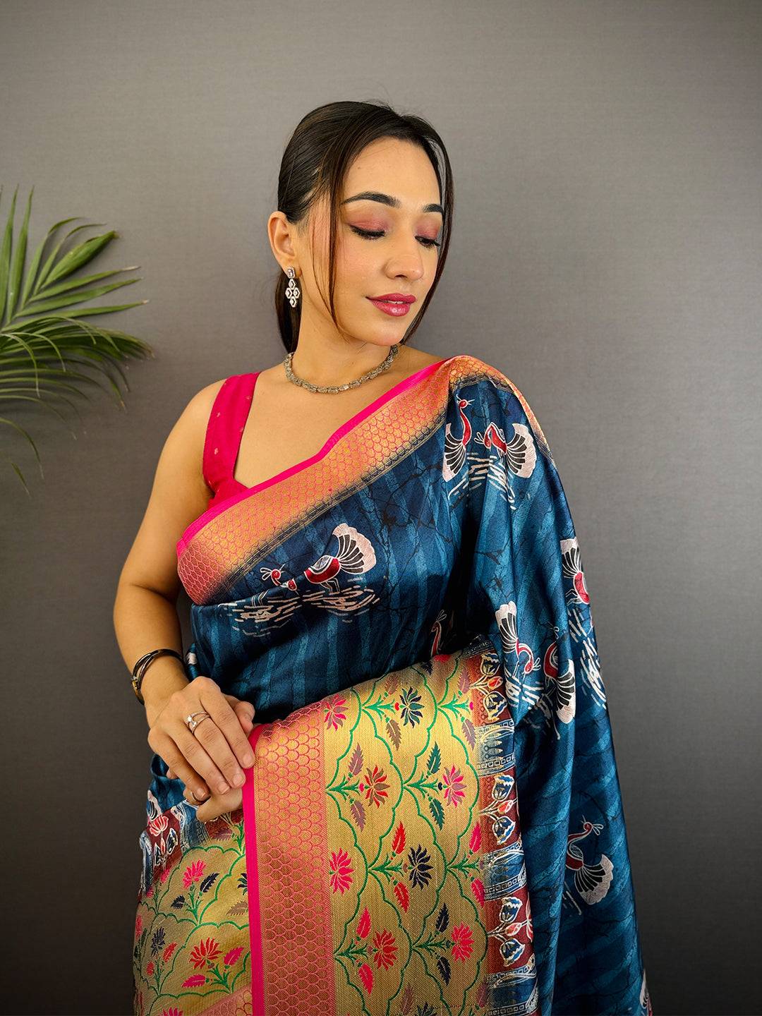 Dark Blue Freehand Digital Print Soft Silk Saree