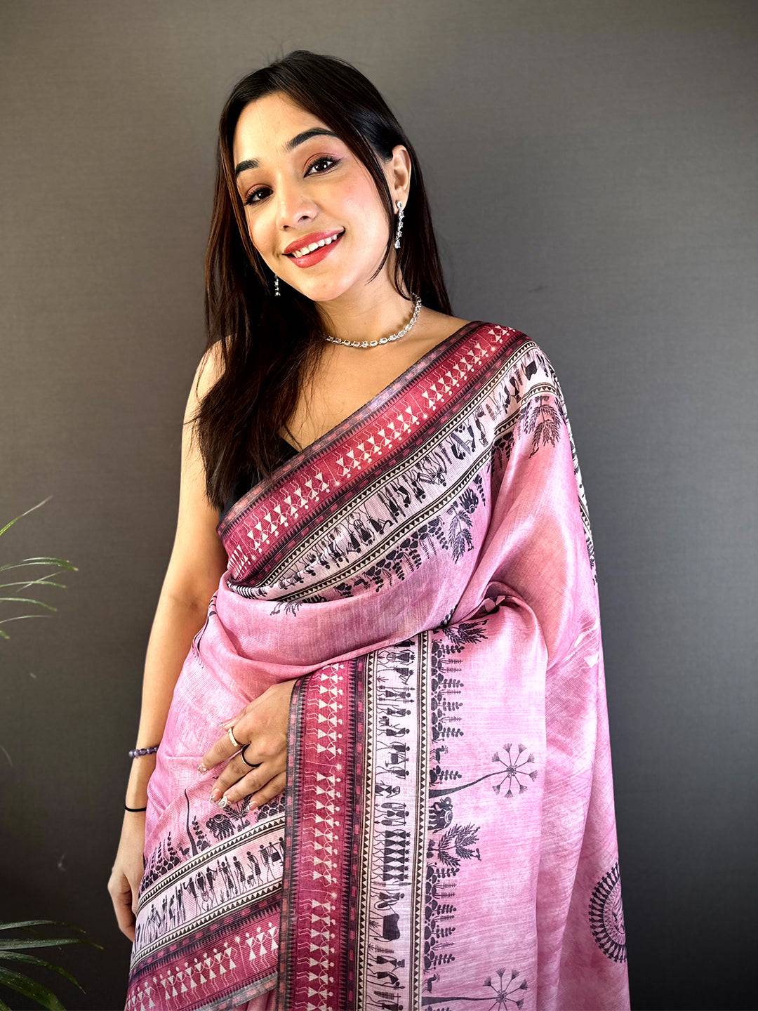 Blush Pink Warli Print Tissue Chanderi Saree