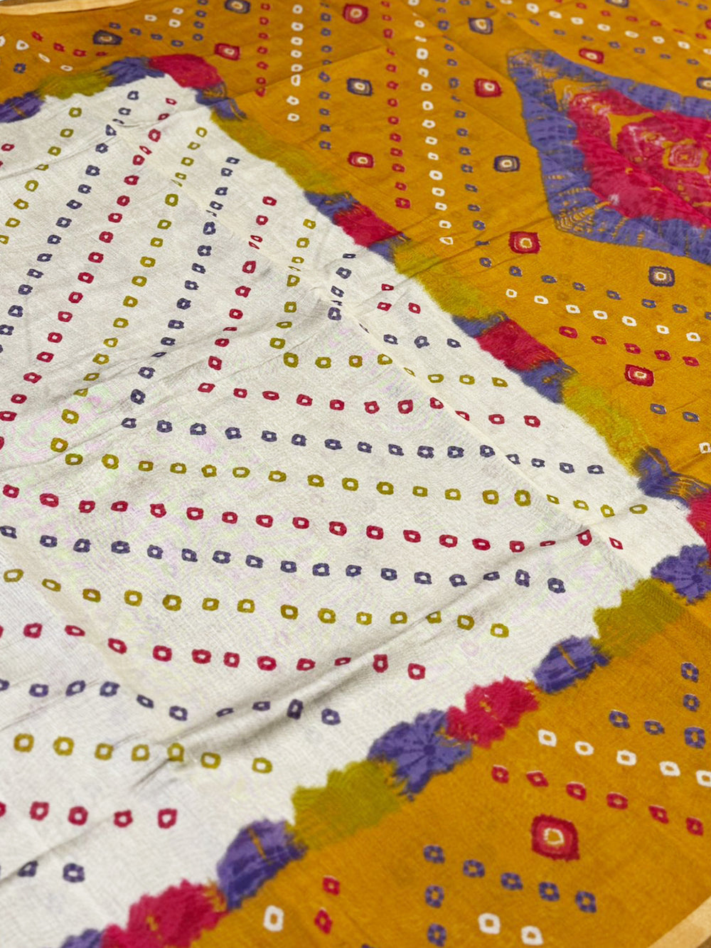 Yellow Mul Cotton Bandhej Print Saree