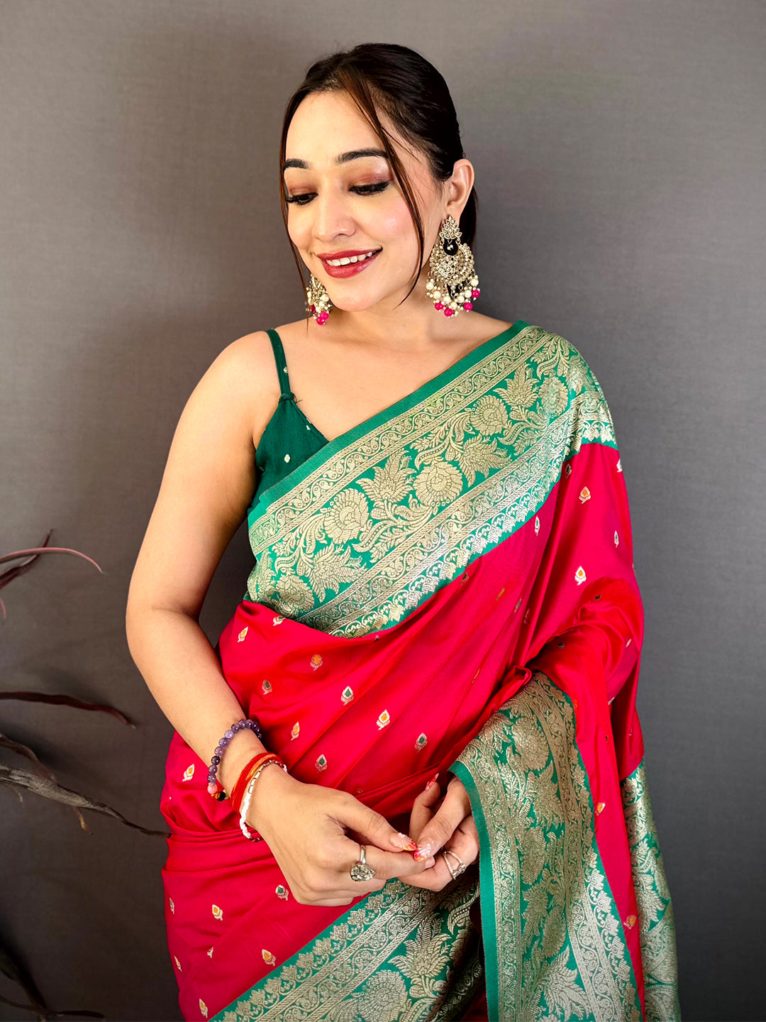 Bright Pink Soft Silk Kanjivaram Saree with intricate gold zari border