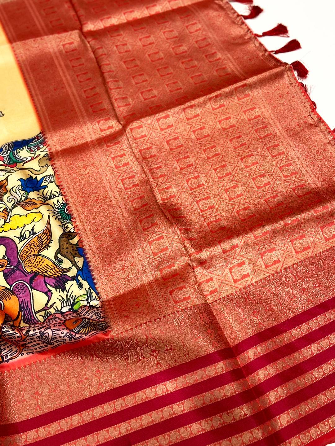 Beige Kalamkari Banarasi Silk Saree
