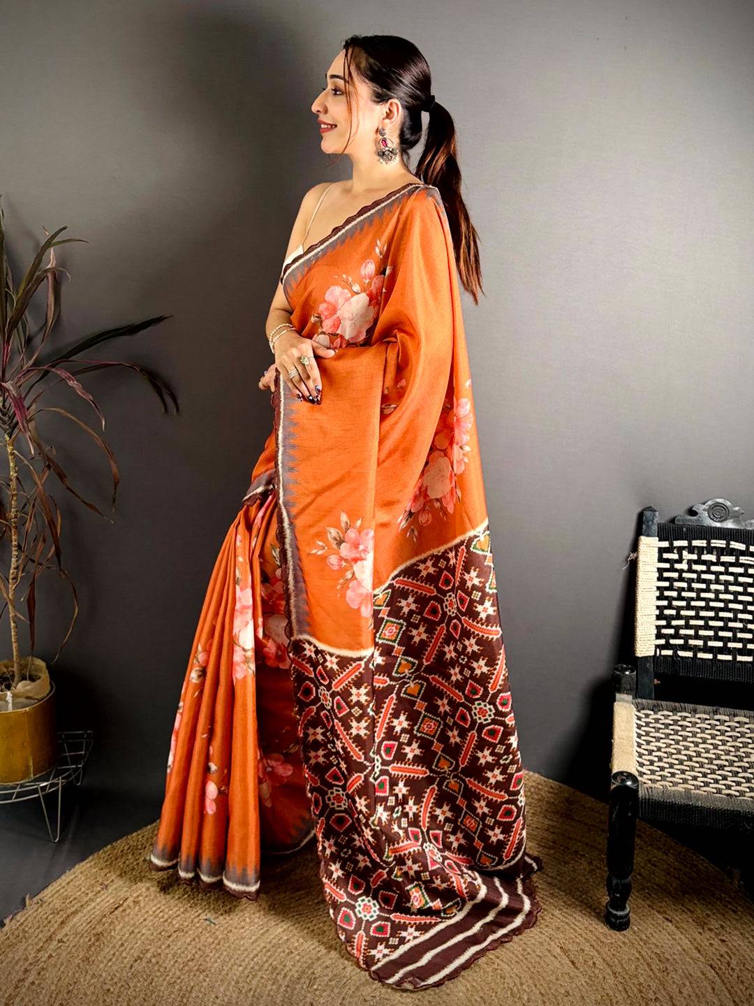 Rust Orange Tussar Ikkat Patola Saree