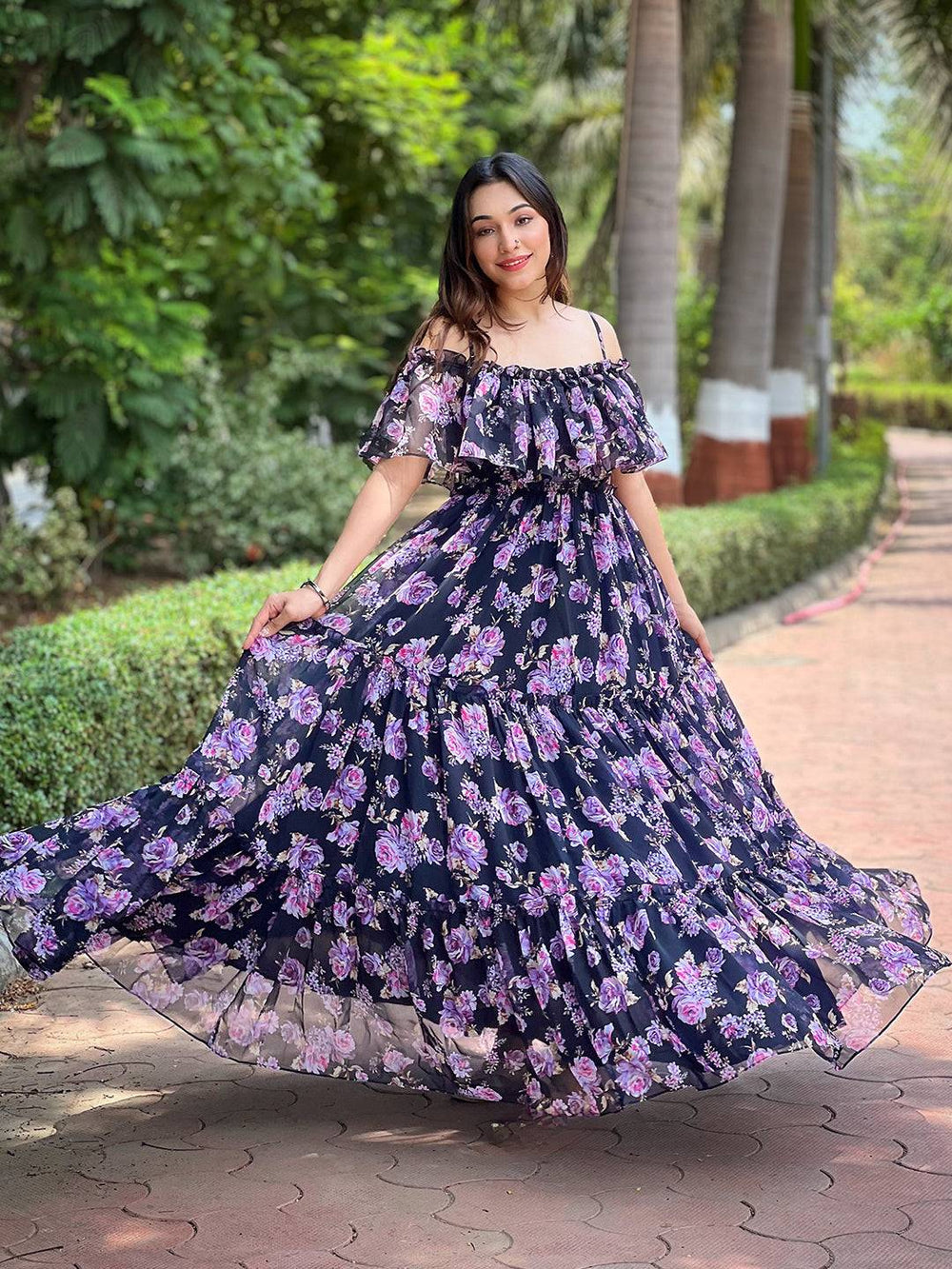 Flowy floral print dress with ruffle neck outdoors