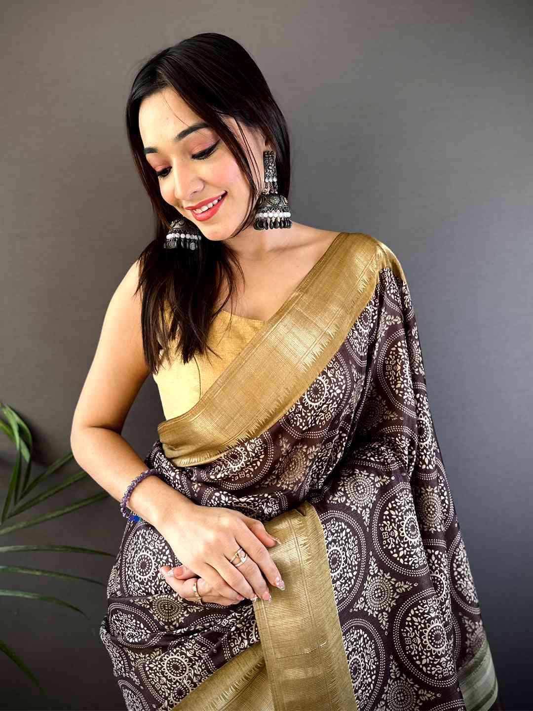 Brown Soft Manipuri Silk Bandhej Saree