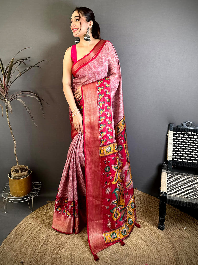 Elegant Zari Katha Pattern Kalamkari Saree