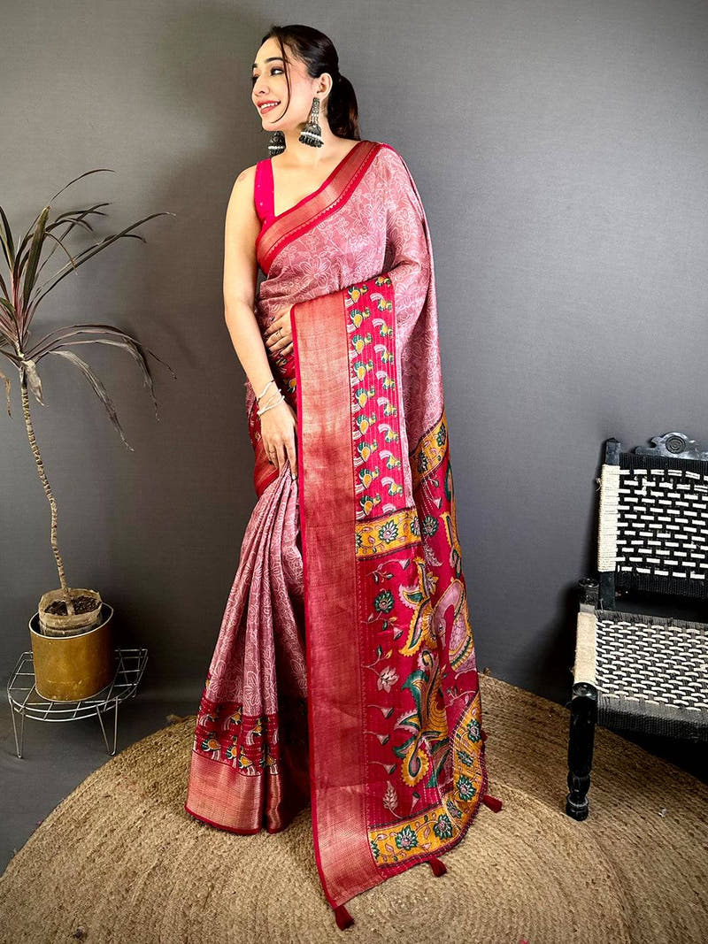 Elegant Zari Katha Pattern Kalamkari Saree