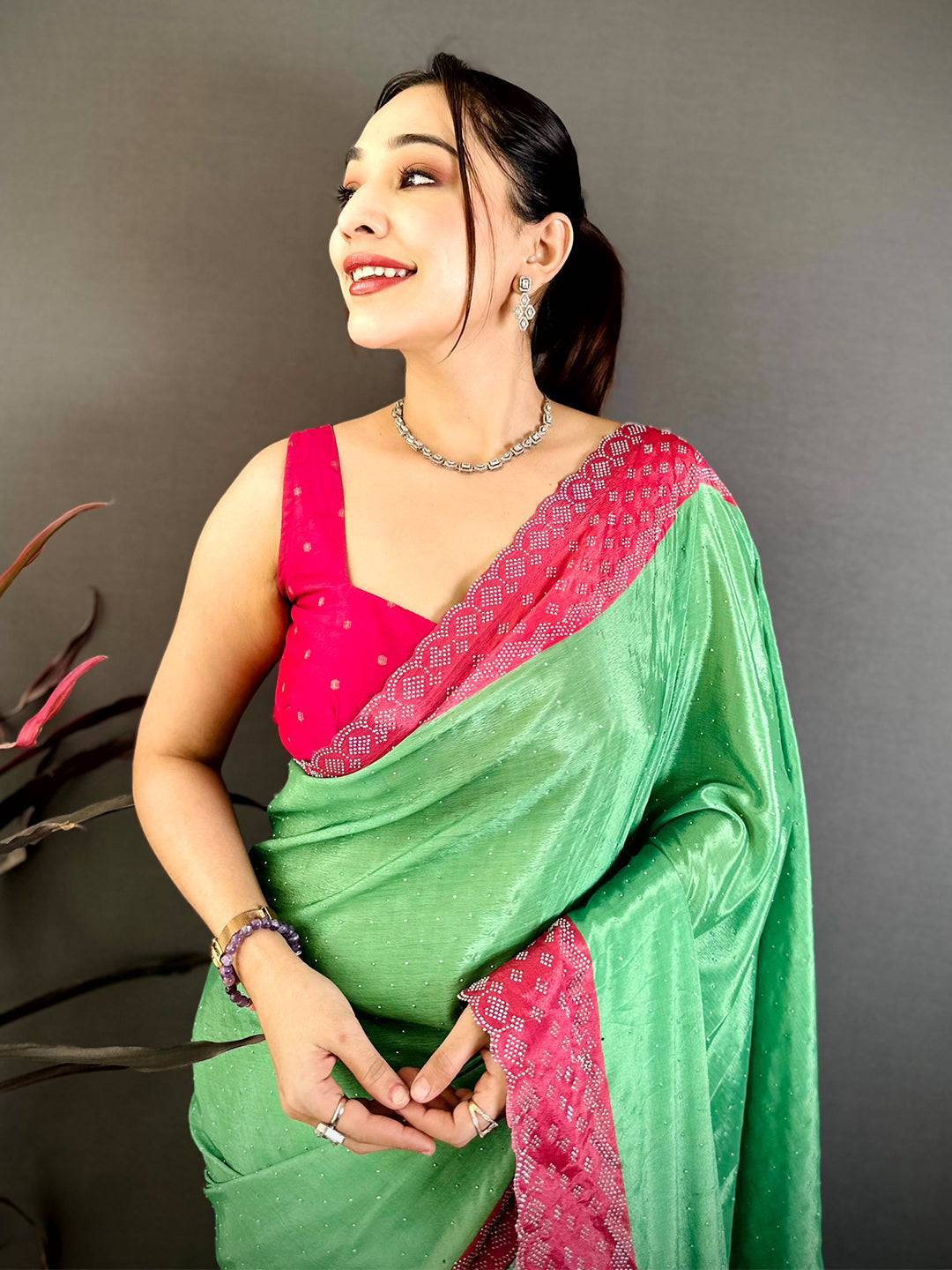 Green Poly Chiffon Diamond Stone Work Saree