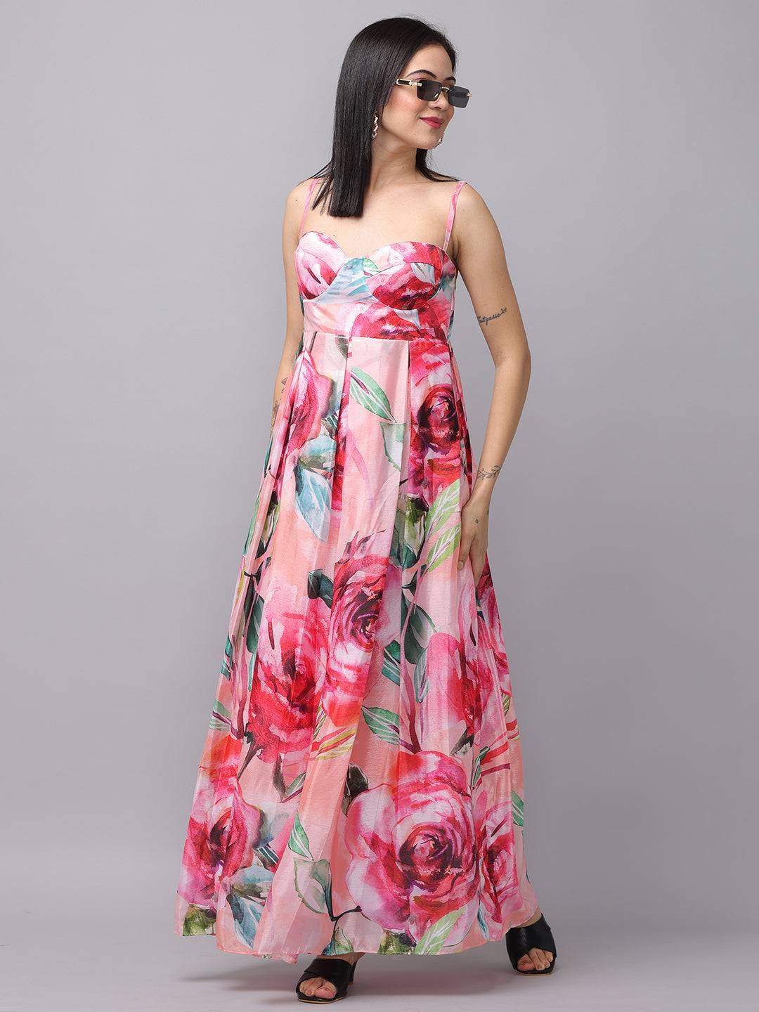 Rose Mist Chiffon Printed Dress side pose