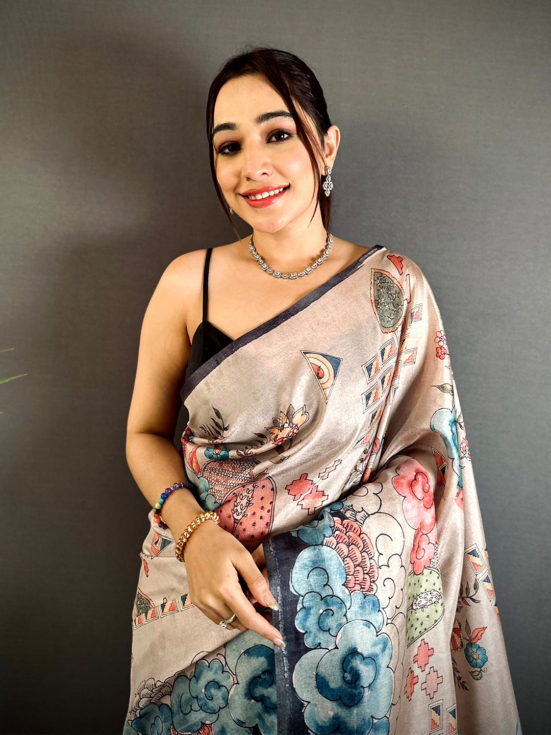 Radiance Floral Kalamkari Tussar Saree