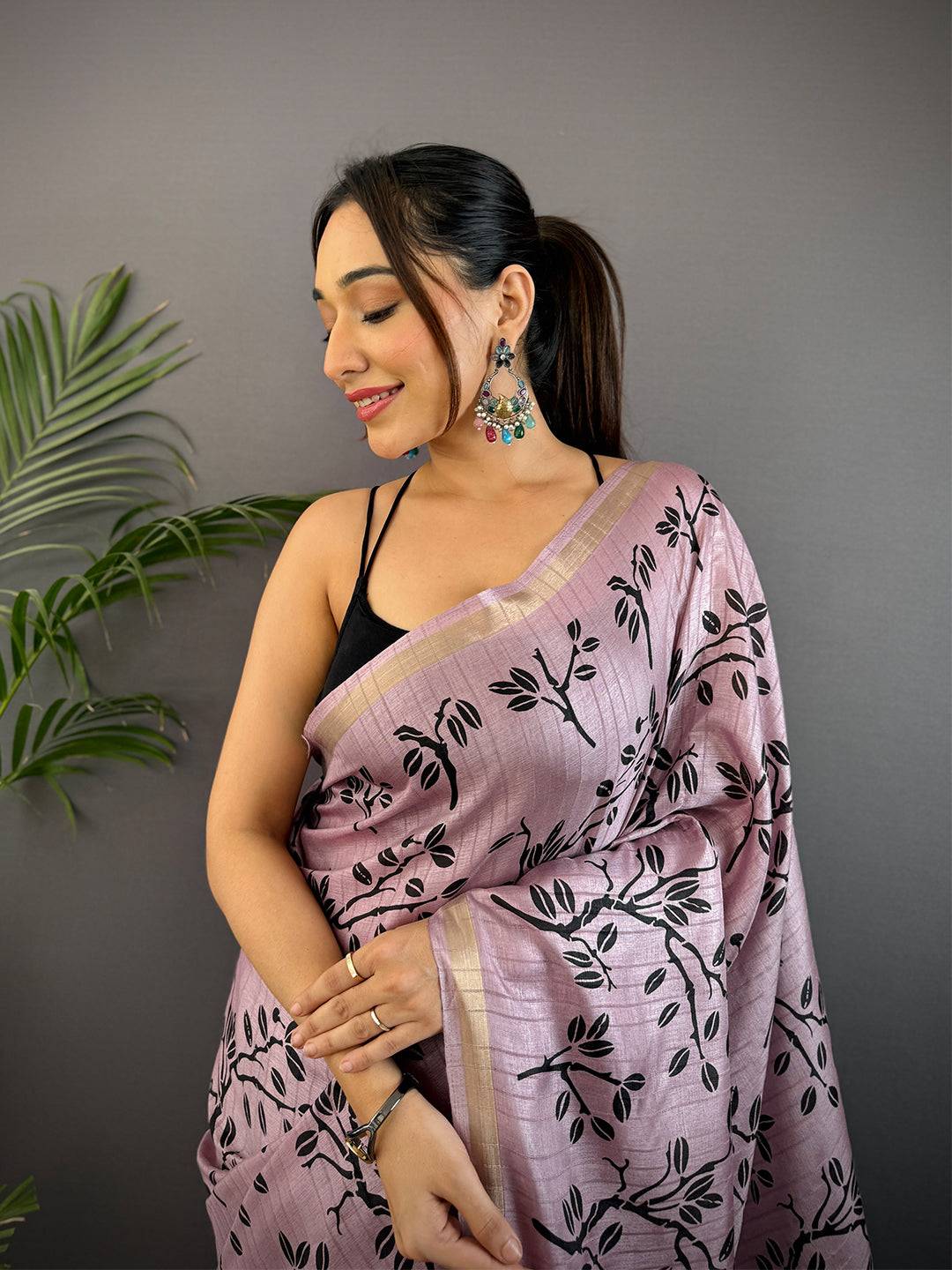 Lavender Ghicha Leaf Print Saree