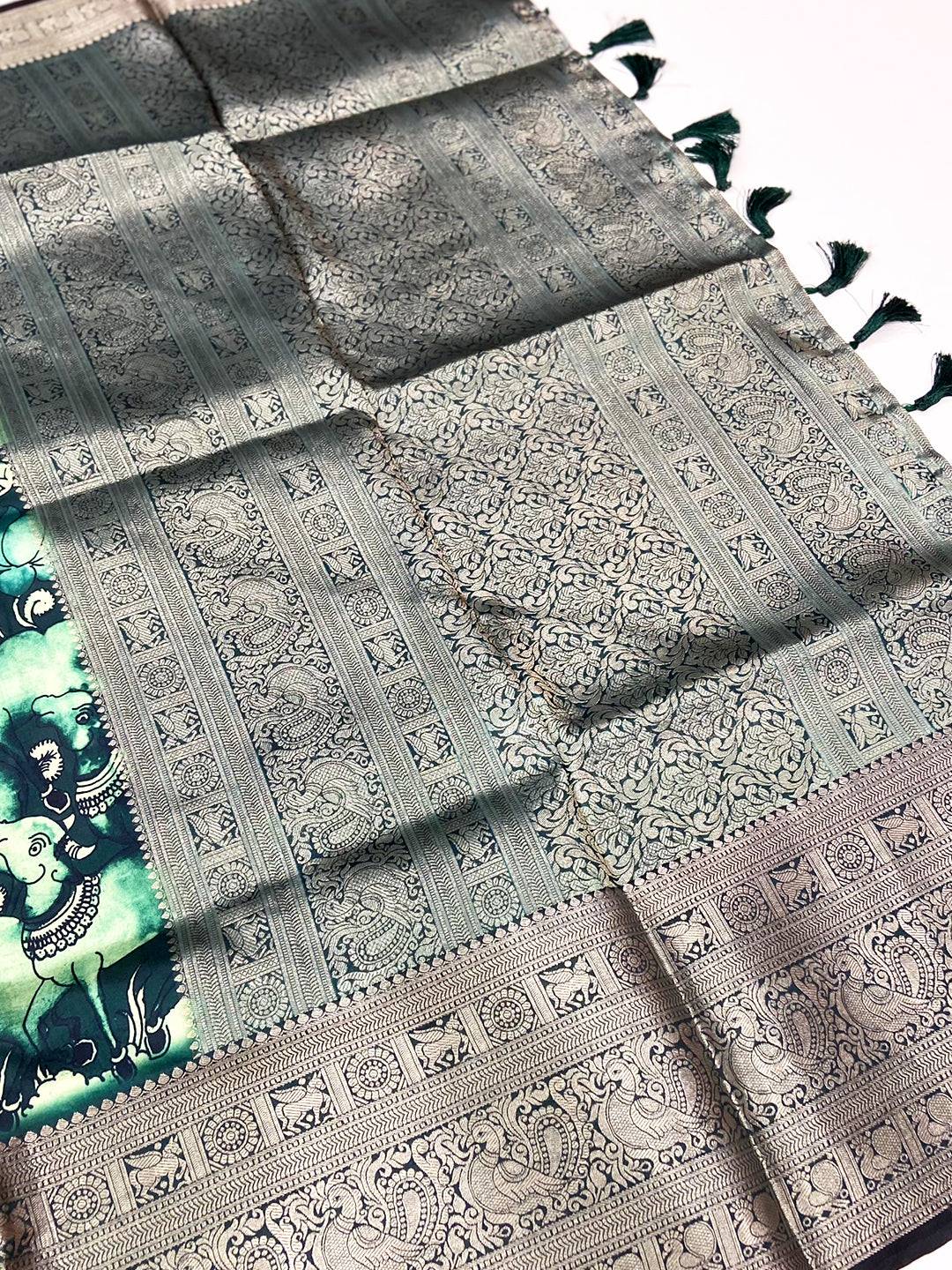 Teal Digital Kalamkari Banarasi Saree