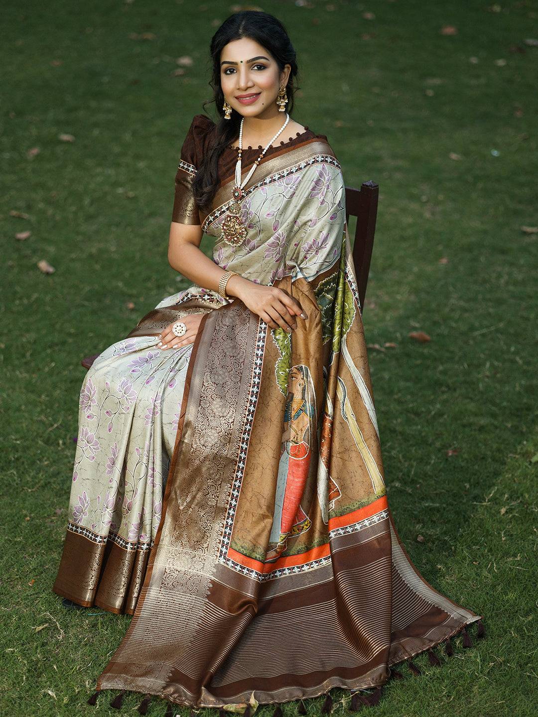 Silver Batik Pen kalamkari Saree With Zari Weaving Pallu