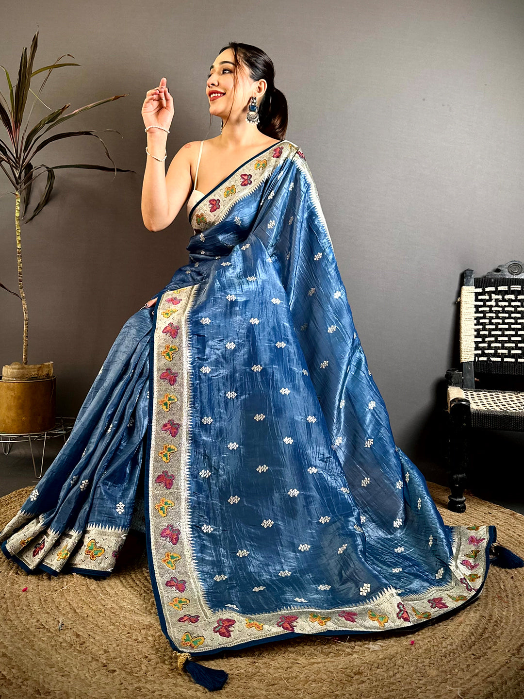 Blue Crush Silk Zari Embroidered Saree