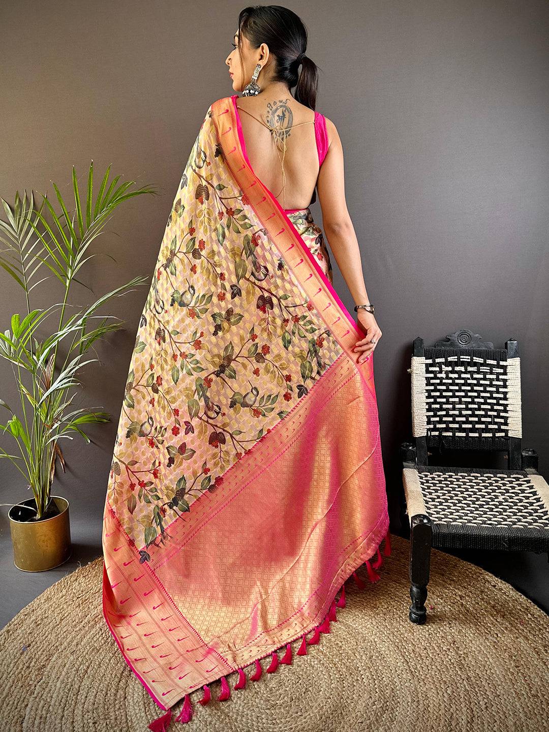 Pastel Cream Paithani Kora Silk Saree