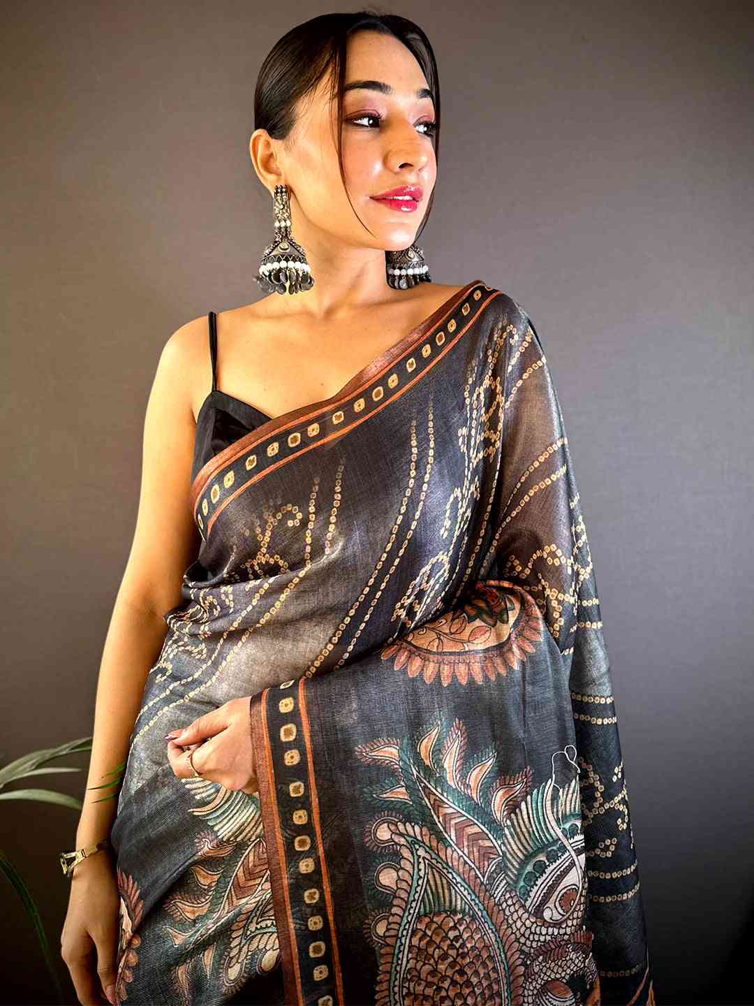 Grey Chanderi Bandhej Digital Print Saree