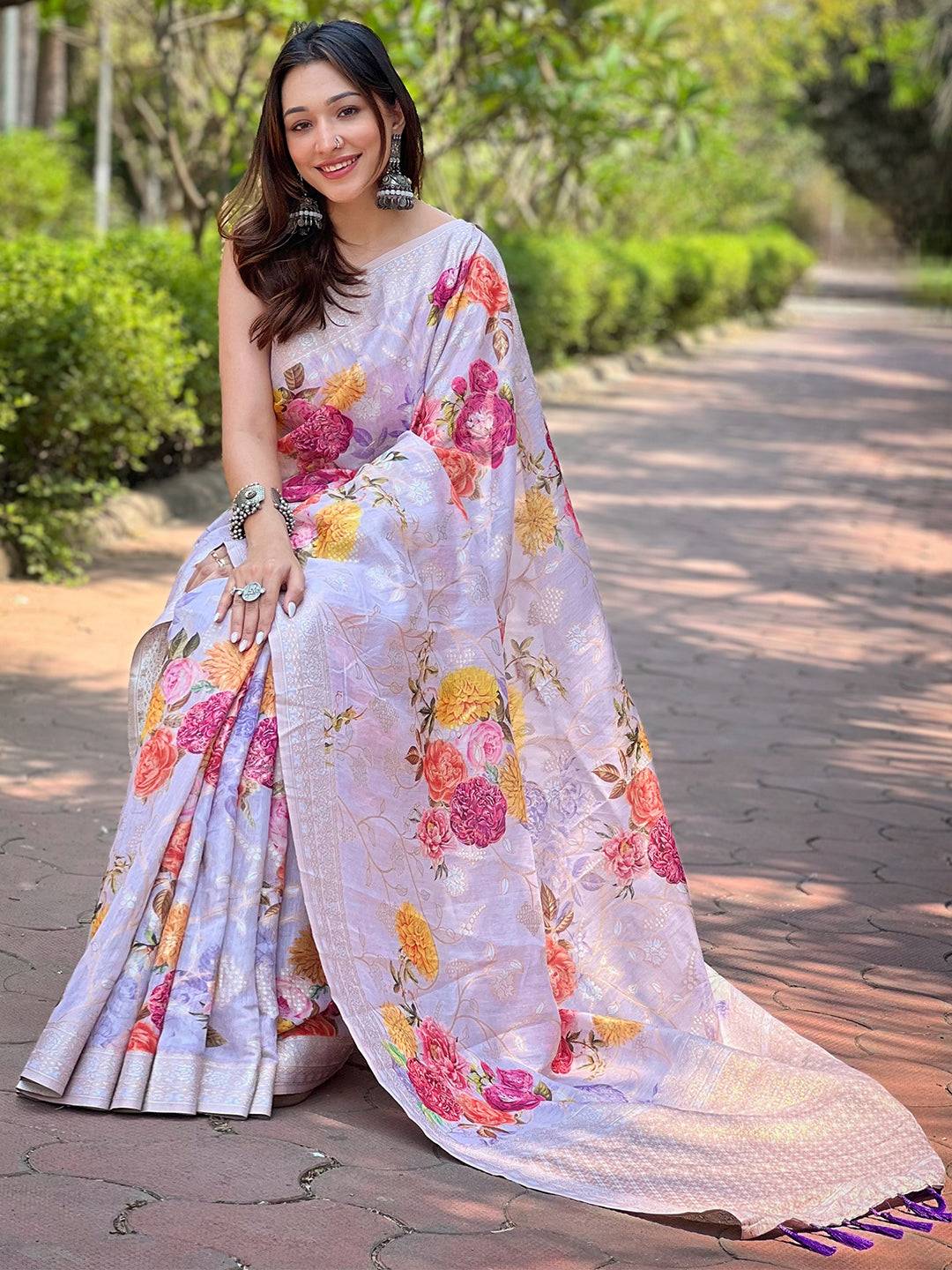 Lavender Lakhnavi Bandla Zari Saree featuring vibrant floral prints