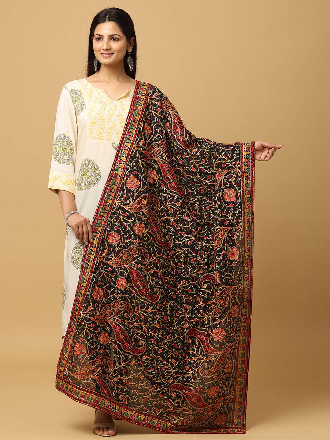 Black poly chiffon pashmina dupatta with threadwork design
