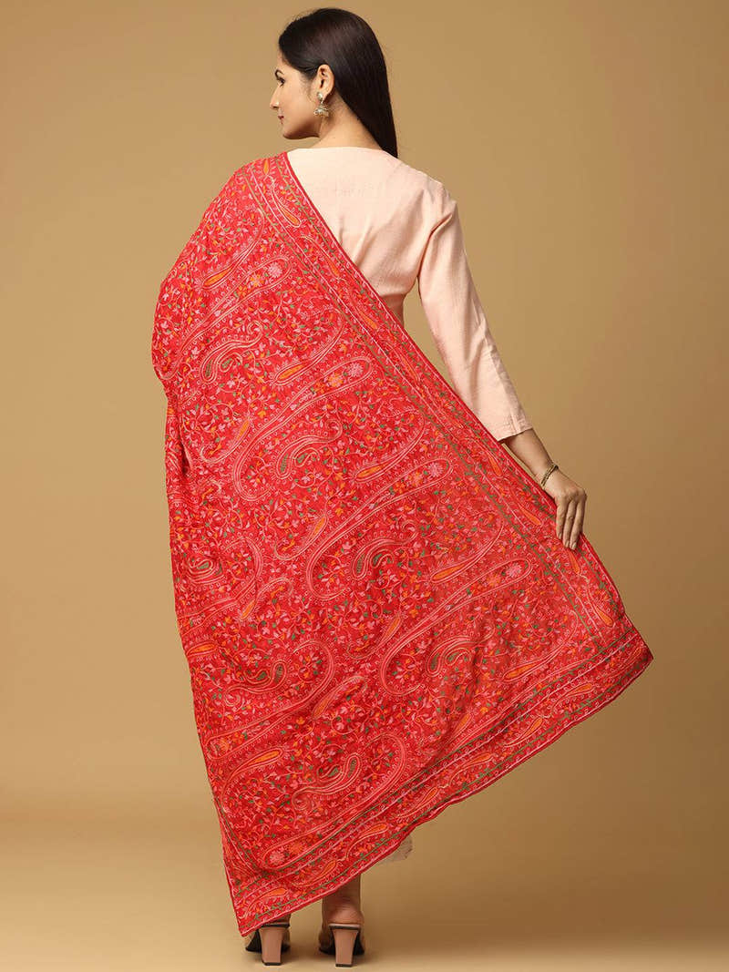 Red Fine Paisley Allover Pashmina Dupatta