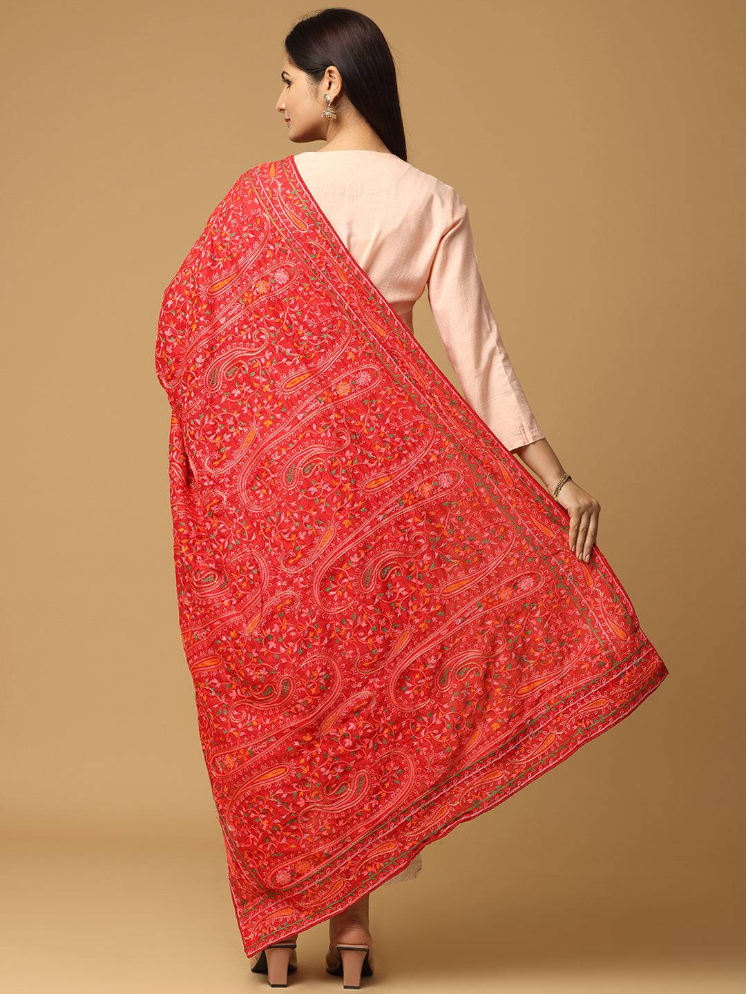 Back view of Red Poly Chiffon Pashmina Dupatta