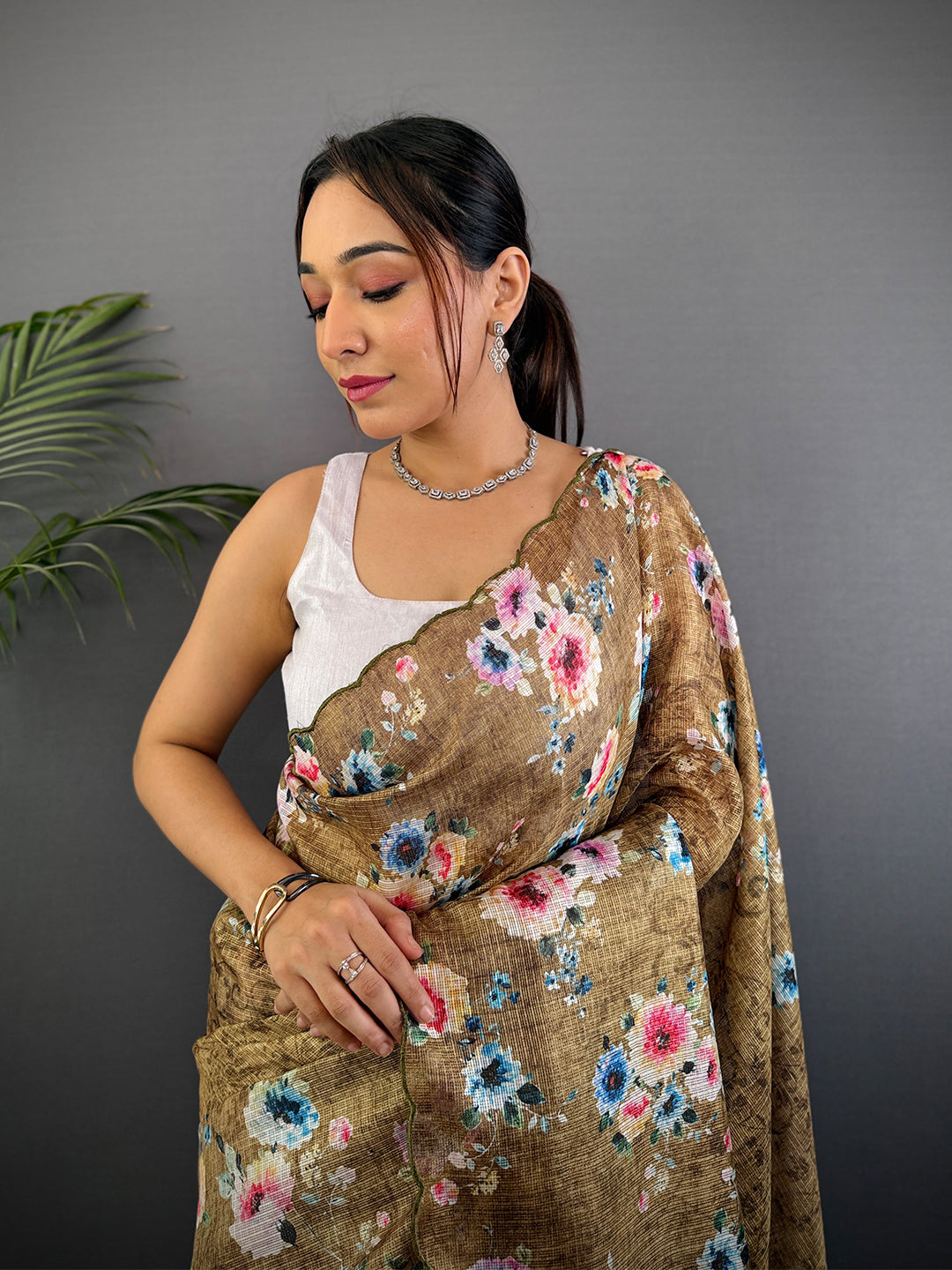 Brown Floral Cut Work Kota Saree