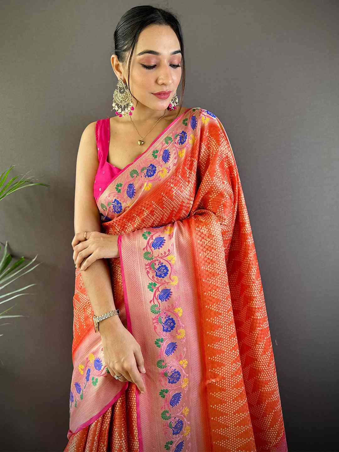 Kora Silk Banarasi Digital Print Saree In Red Colour