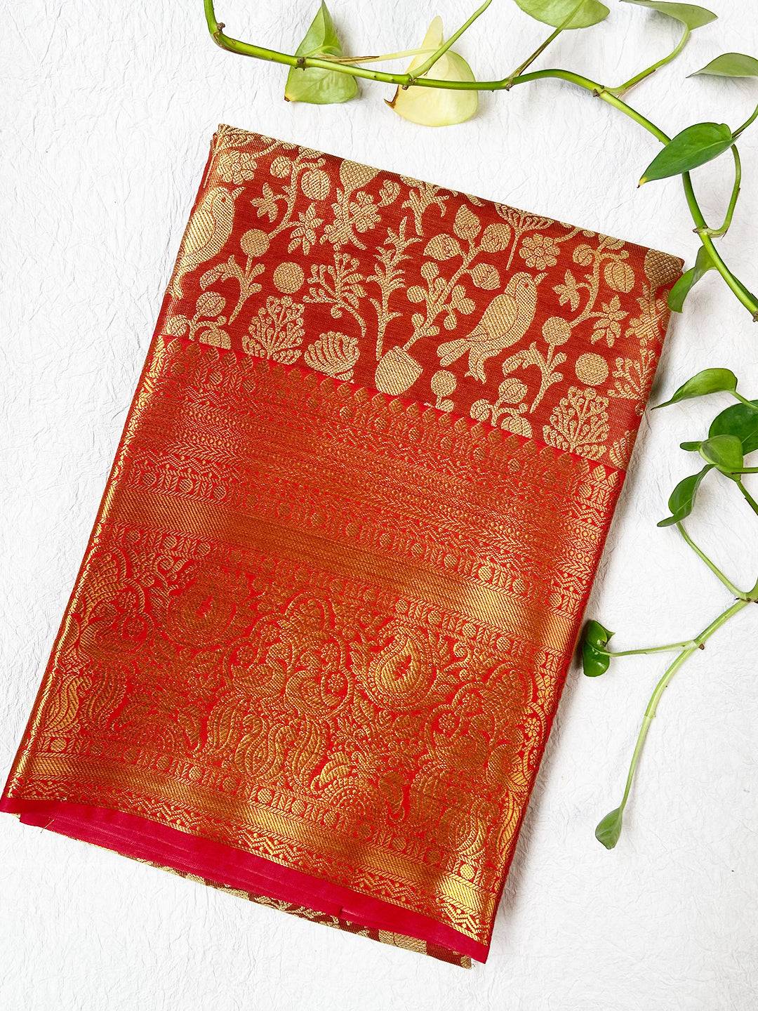 Tangerine Orange Kanjivaram With Golden Zari Work Saree