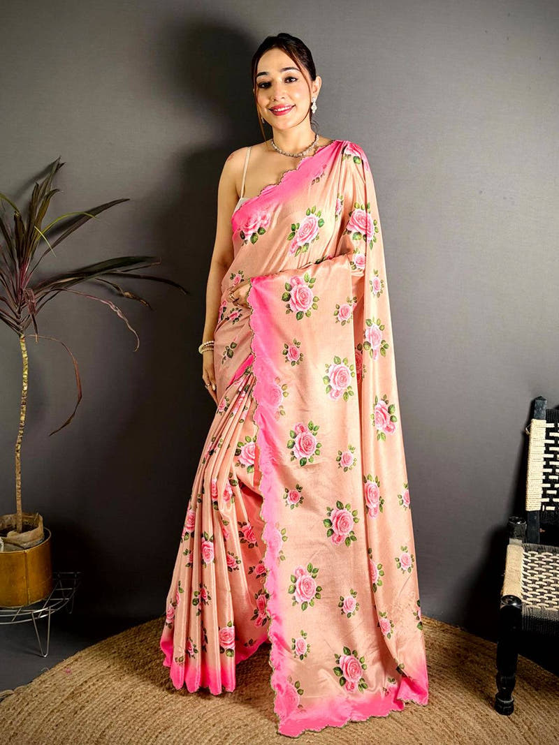 Peach Chinnon Embroidered Border Saree