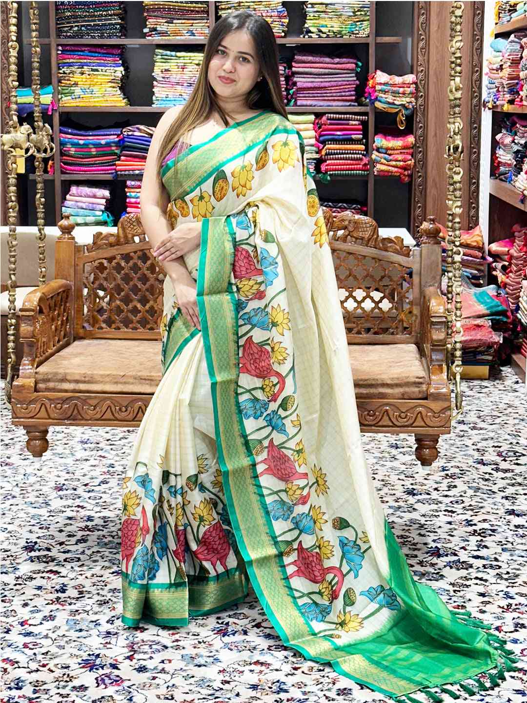 Traditional Uppada Silk Saree with colorful Kalamkari print