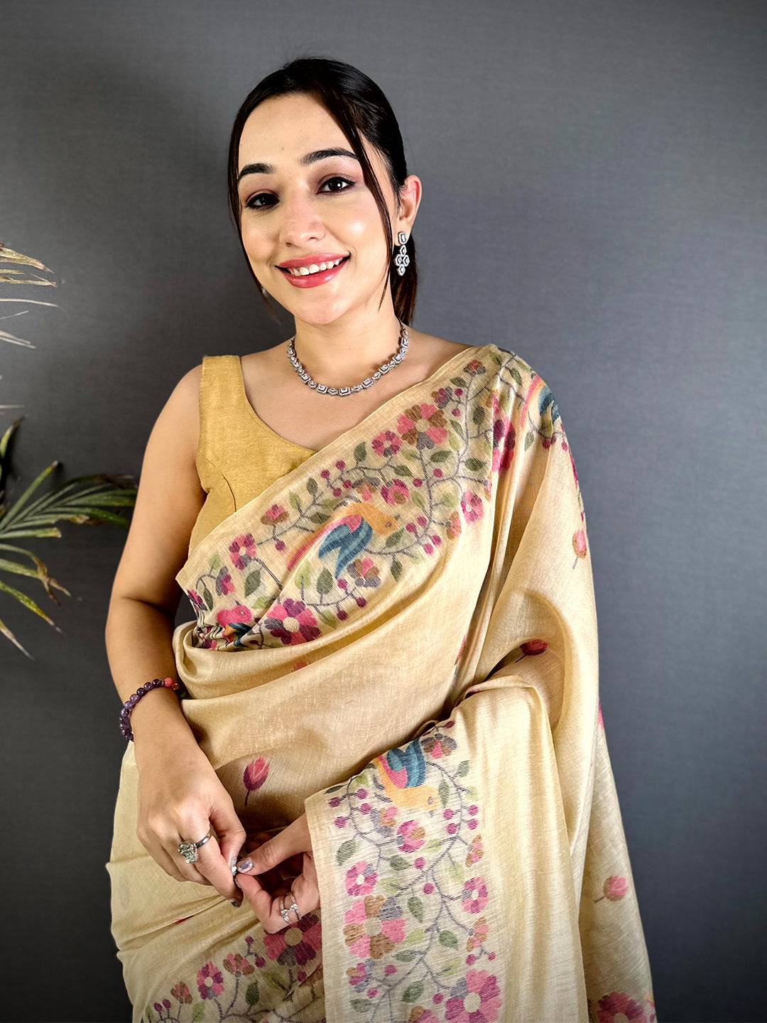 Royal Linen Slub Minakari Saree