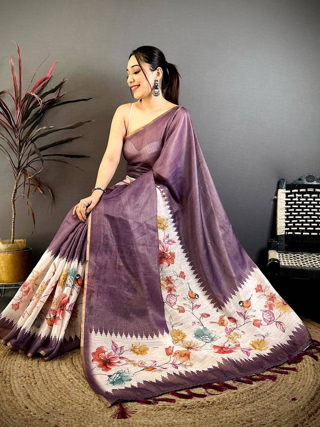 Purple Floral Ikat Linen Chanderi Saree