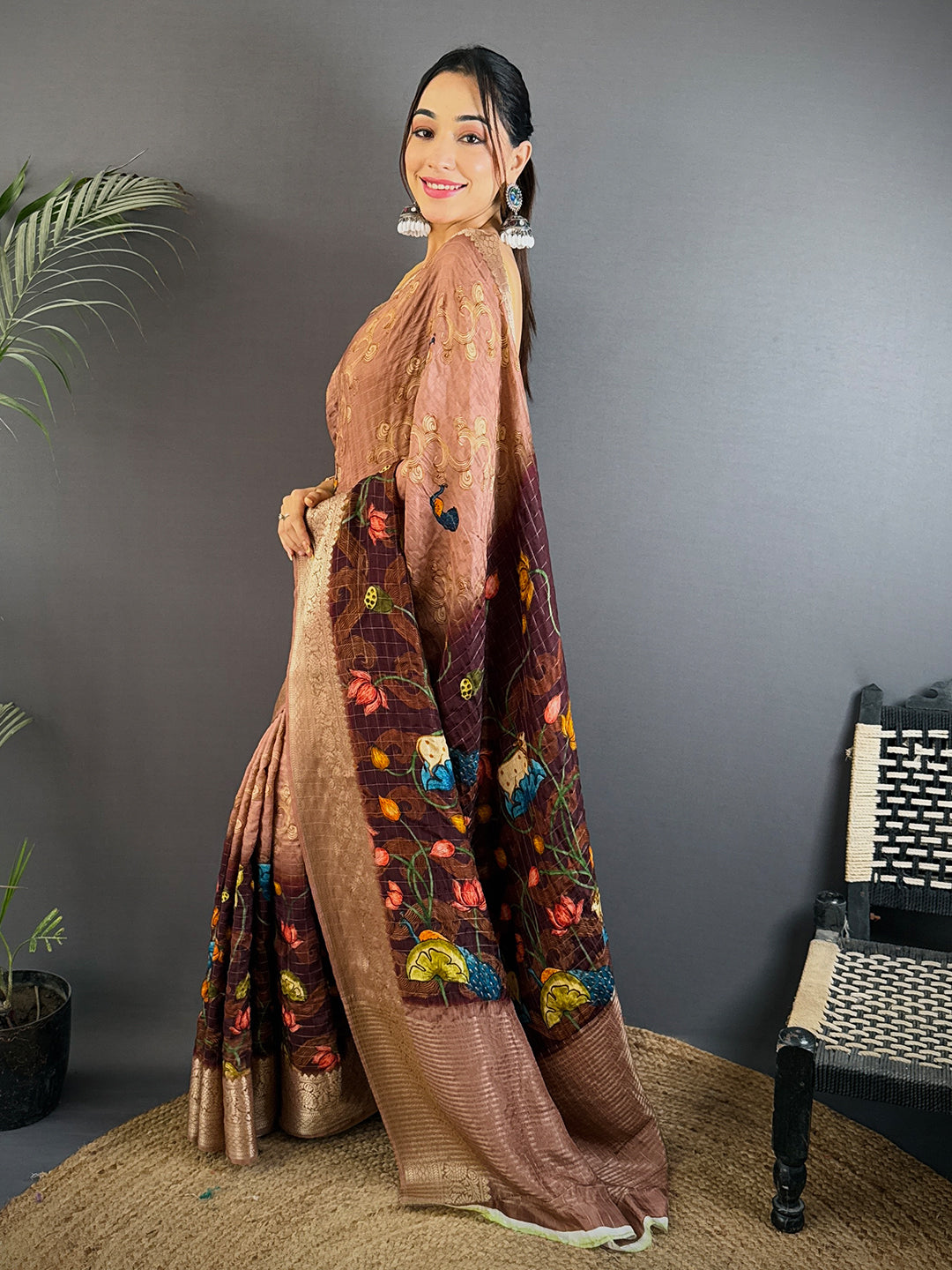 Brown Viscose Kanchi Pattu Border Saree